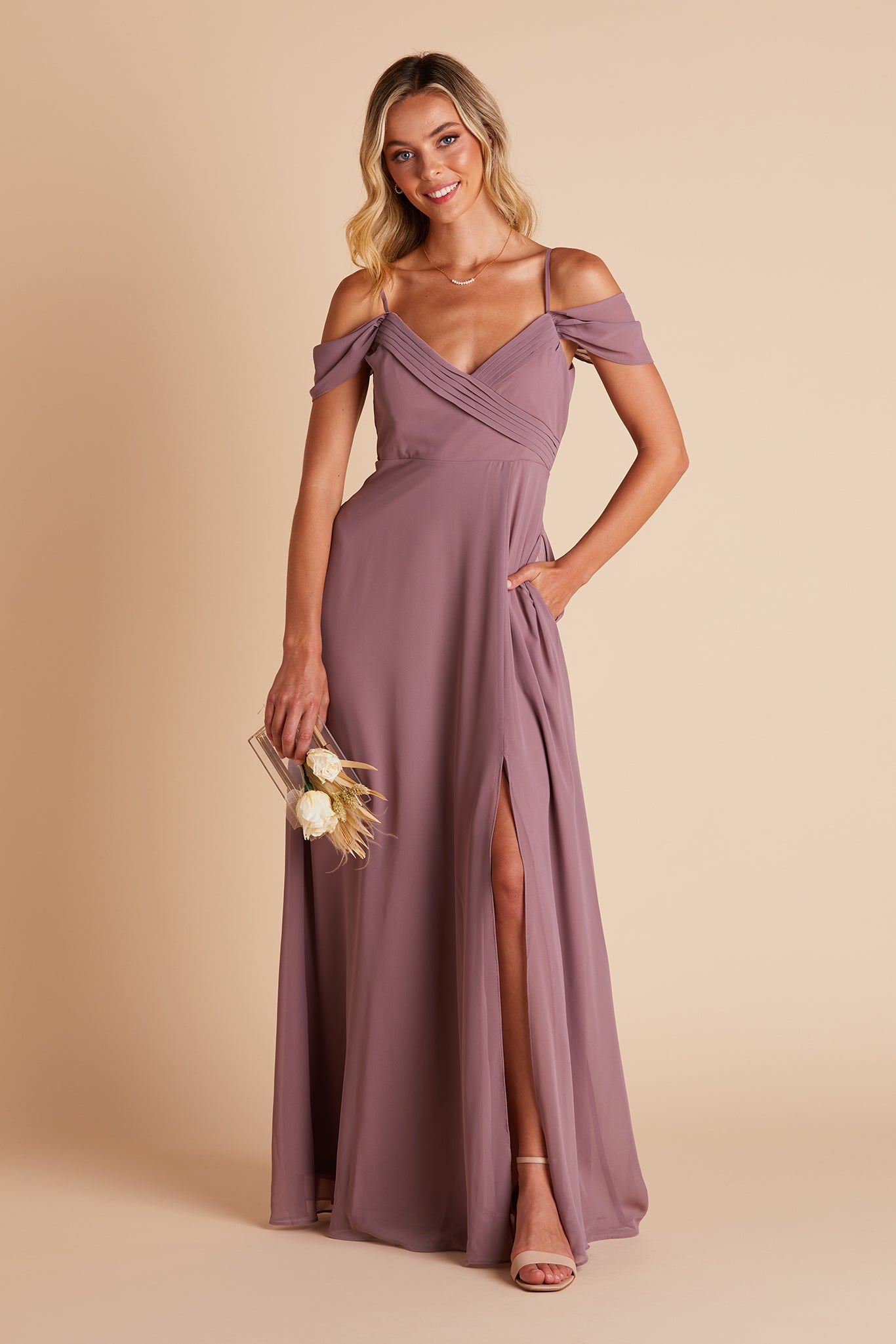 Spence convertible bridesmaid dress in dark mauve chiffon by Birdy Grey, front view