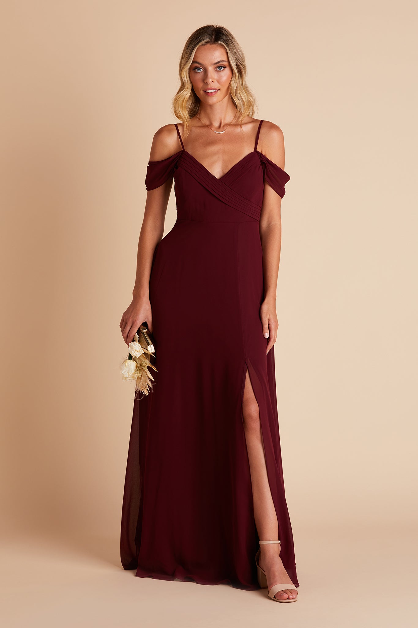 Spence convertible bridesmaid dress in cabernet burgundy chiffon with slit by Birdy Grey, front view