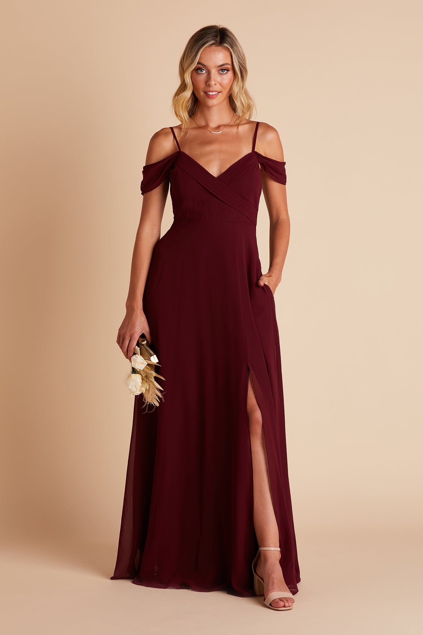 Spence convertible bridesmaid dress in cabernet burgundy chiffon with slit by Birdy Grey, front view