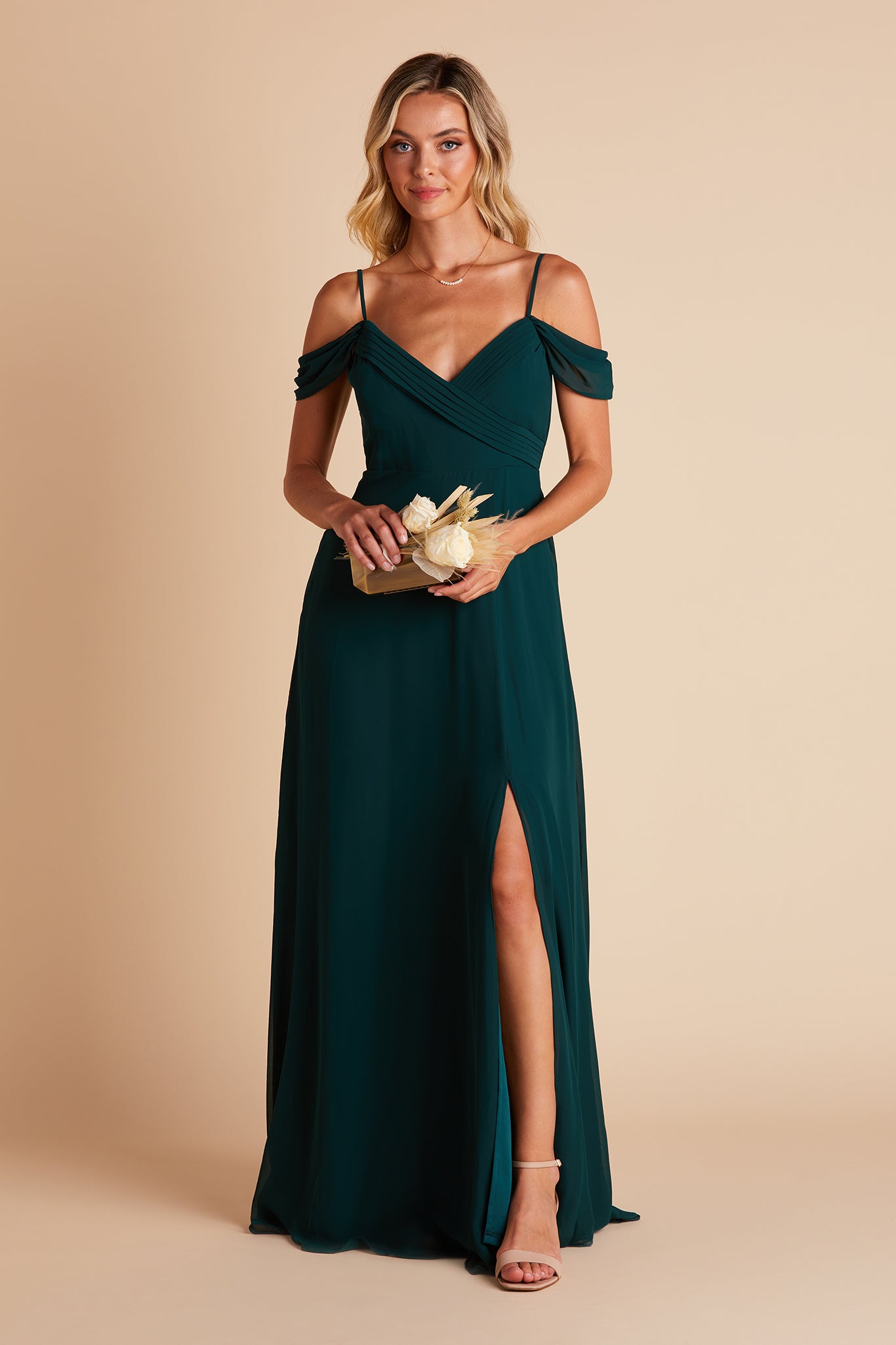 Spence convertible bridesmaid dress in emerald green chiffon by Birdy Grey, front view
