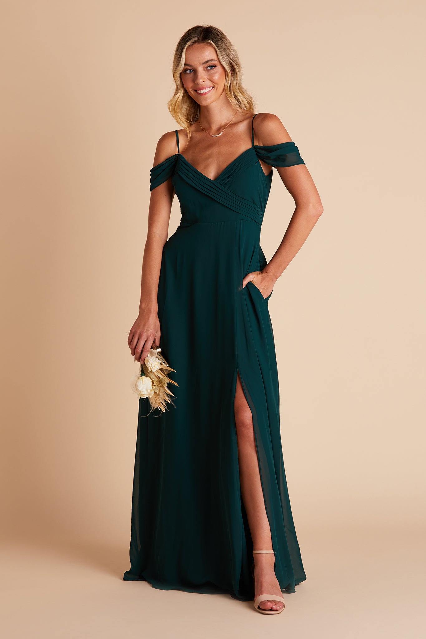 Spence convertible bridesmaid dress in emerald green chiffon by Birdy Grey, front view