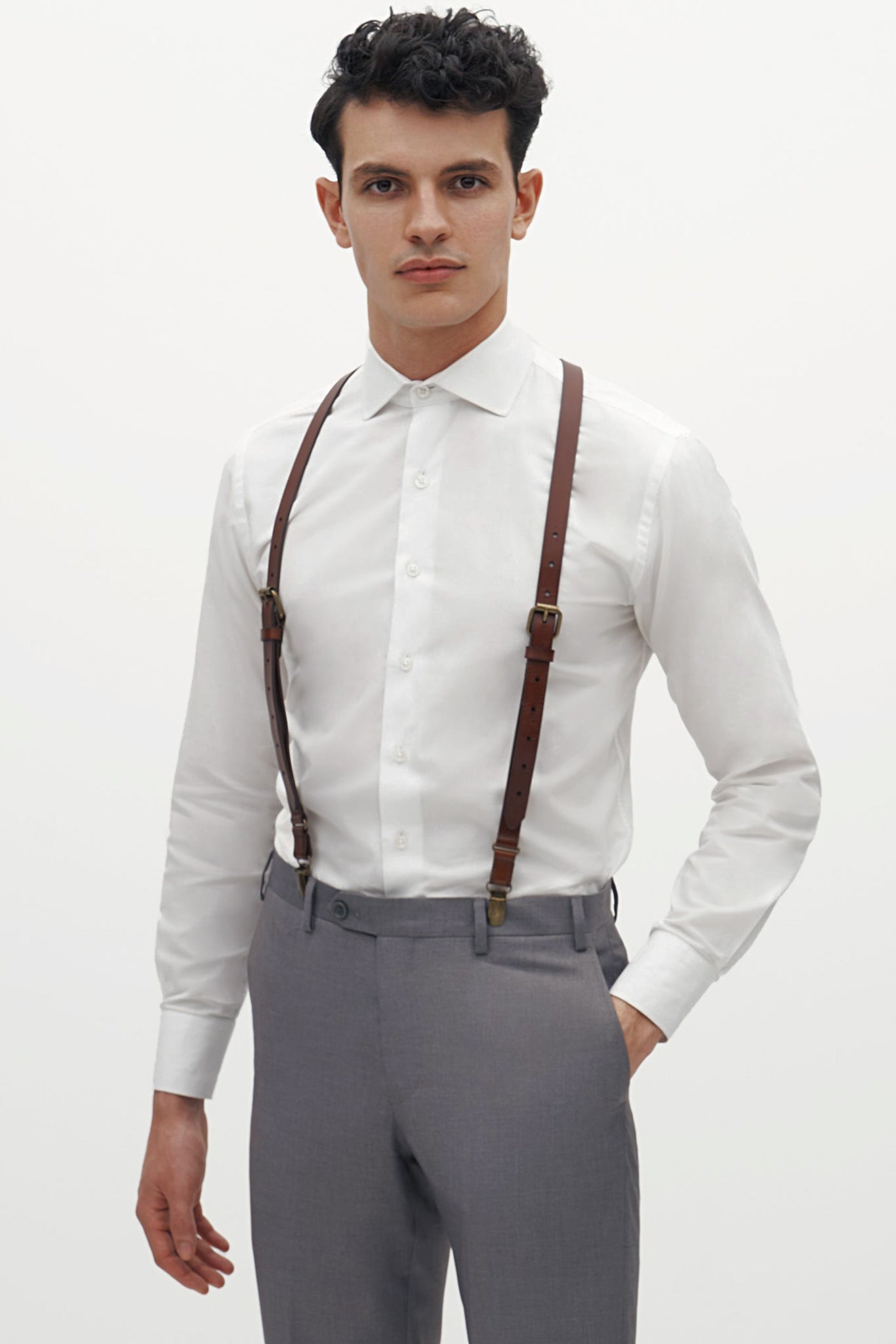 Brown Leather Suspenders by SuitShop, front view