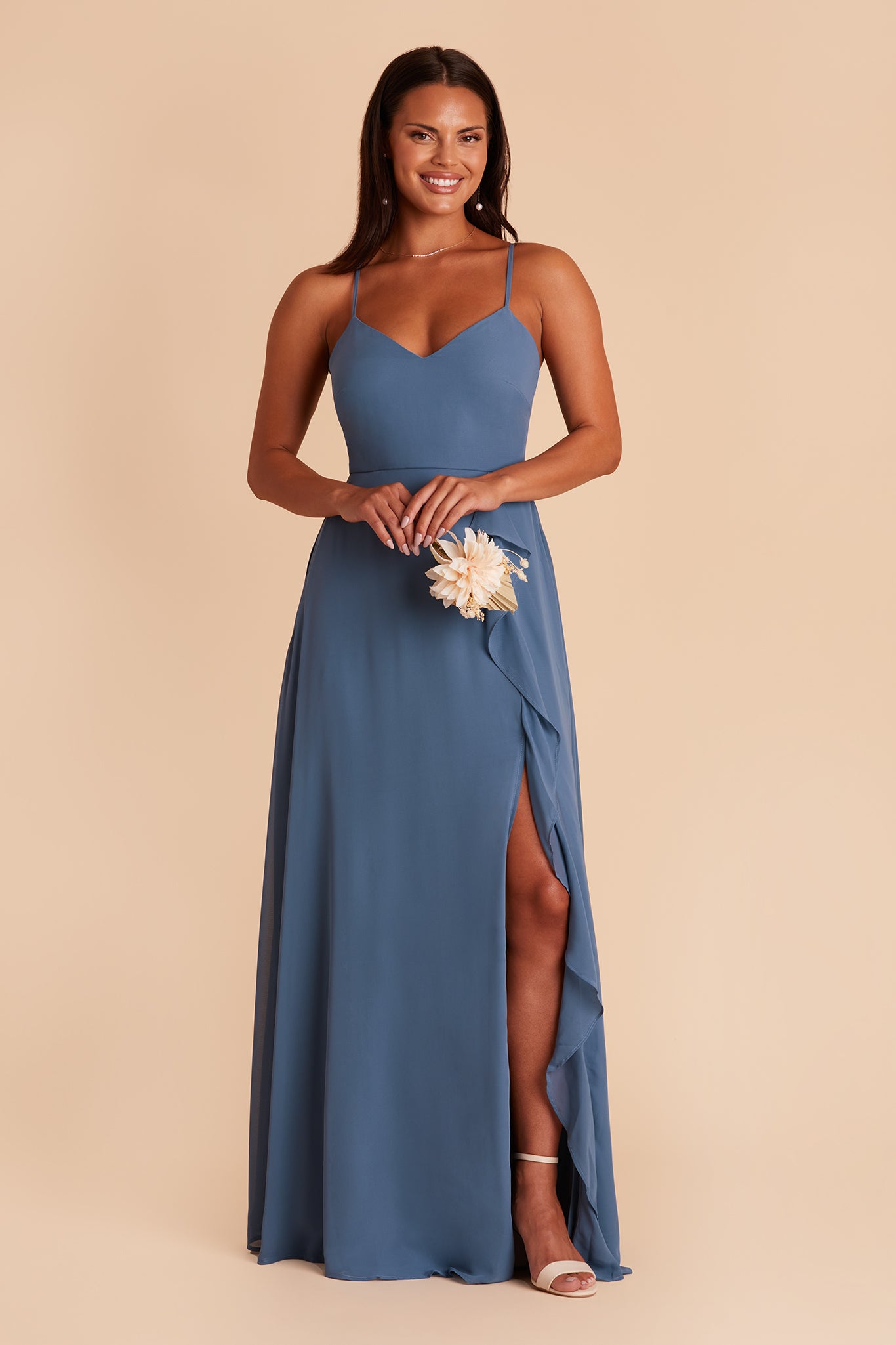 Theresa bridesmaid dress with slit in twilight chiffon by Birdy Grey, front view