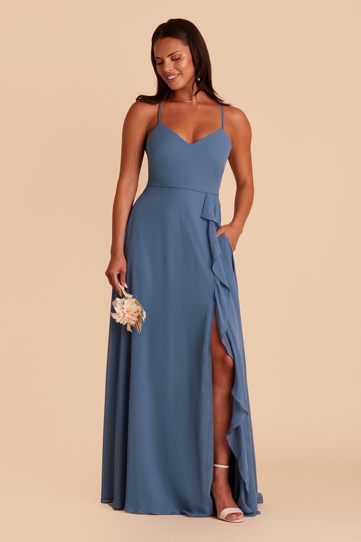Theresa bridesmaid dress with slit in twilight chiffon by Birdy Grey, front view