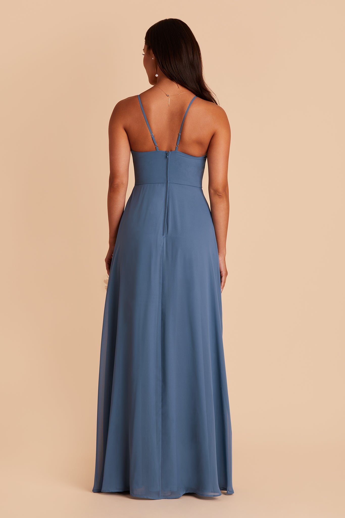 Theresa bridesmaid dress with slit in twilight chiffon by Birdy Grey, back view