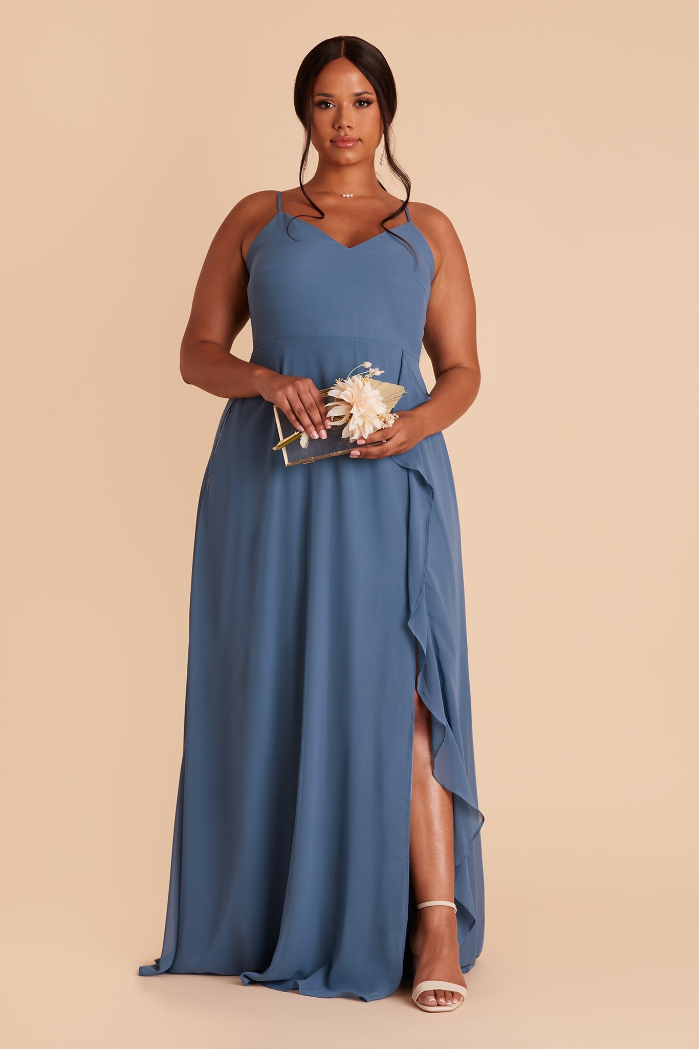 Theresa plus size bridesmaid dress with slit in twilight chiffon by Birdy Grey, front view