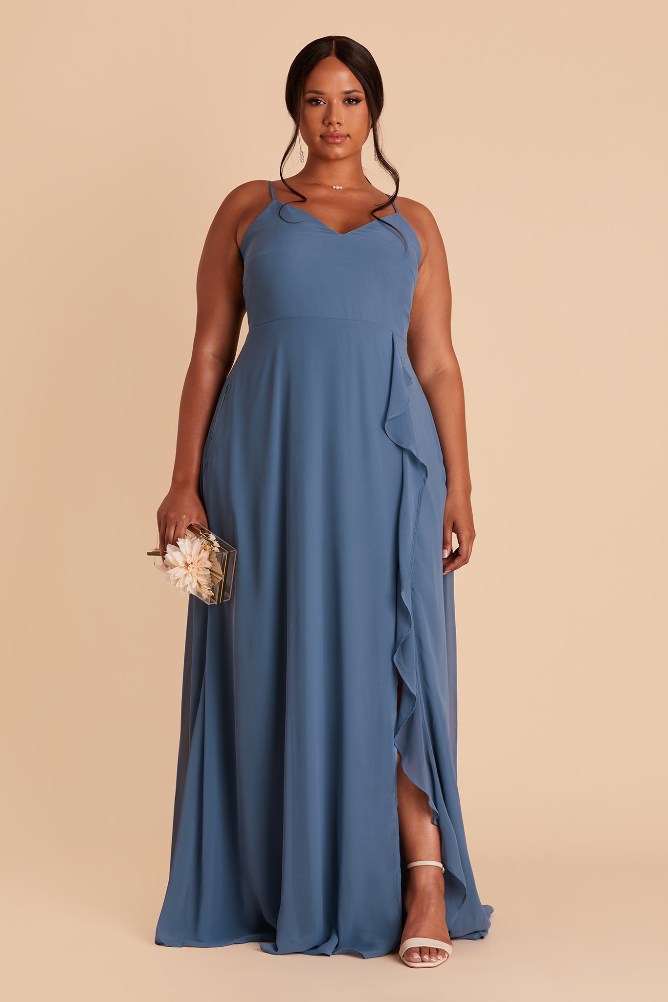 Theresa plus size bridesmaid dress with slit in twilight chiffon by Birdy Grey, front view