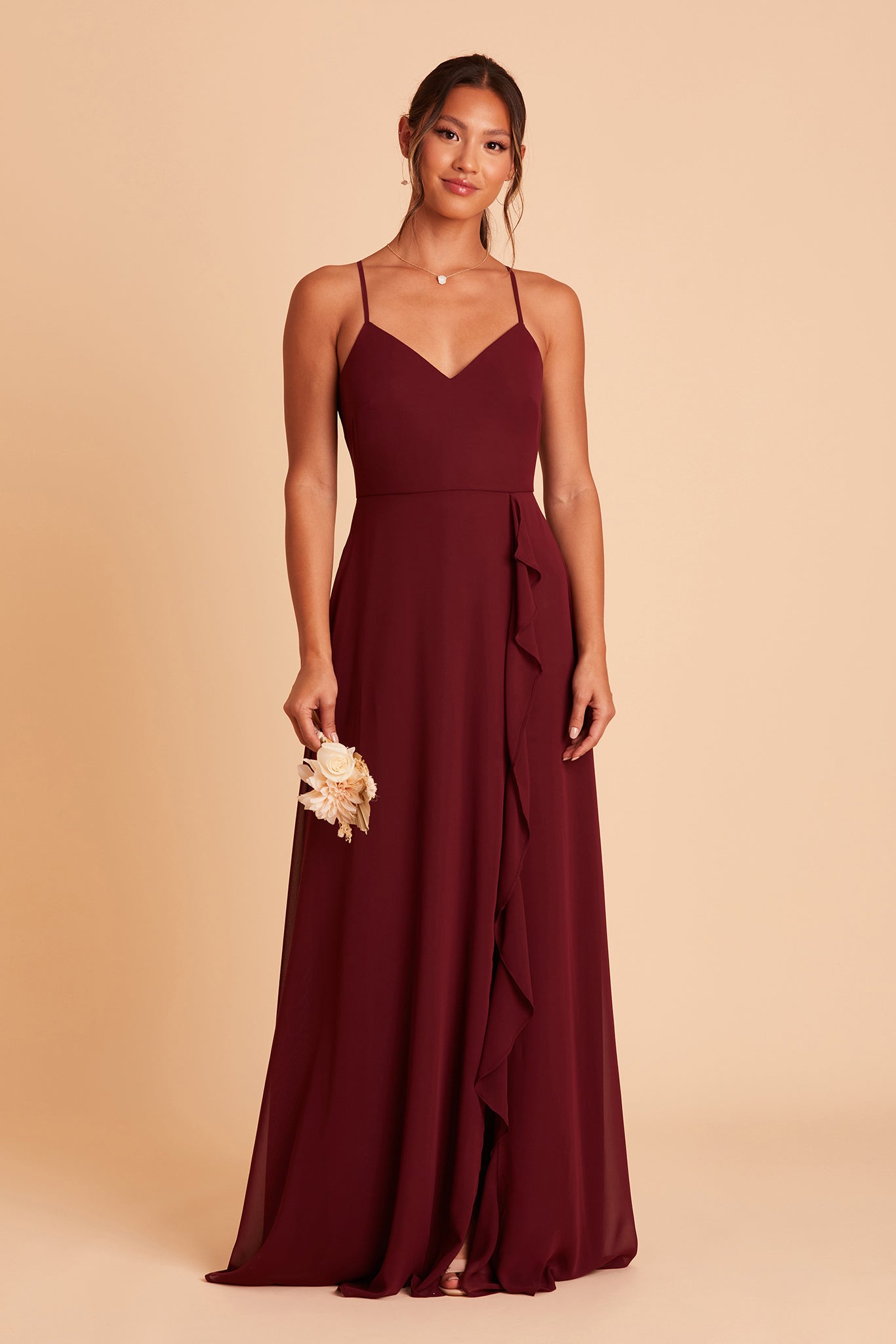 Theresa bridesmaid dress with slit in cabernet burgundy chiffon by Birdy Grey, front view