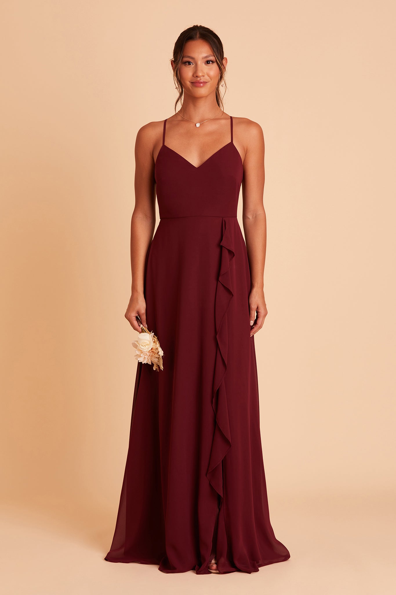Theresa bridesmaid dress with slit in cabernet burgundy chiffon  by Birdy Grey, front view