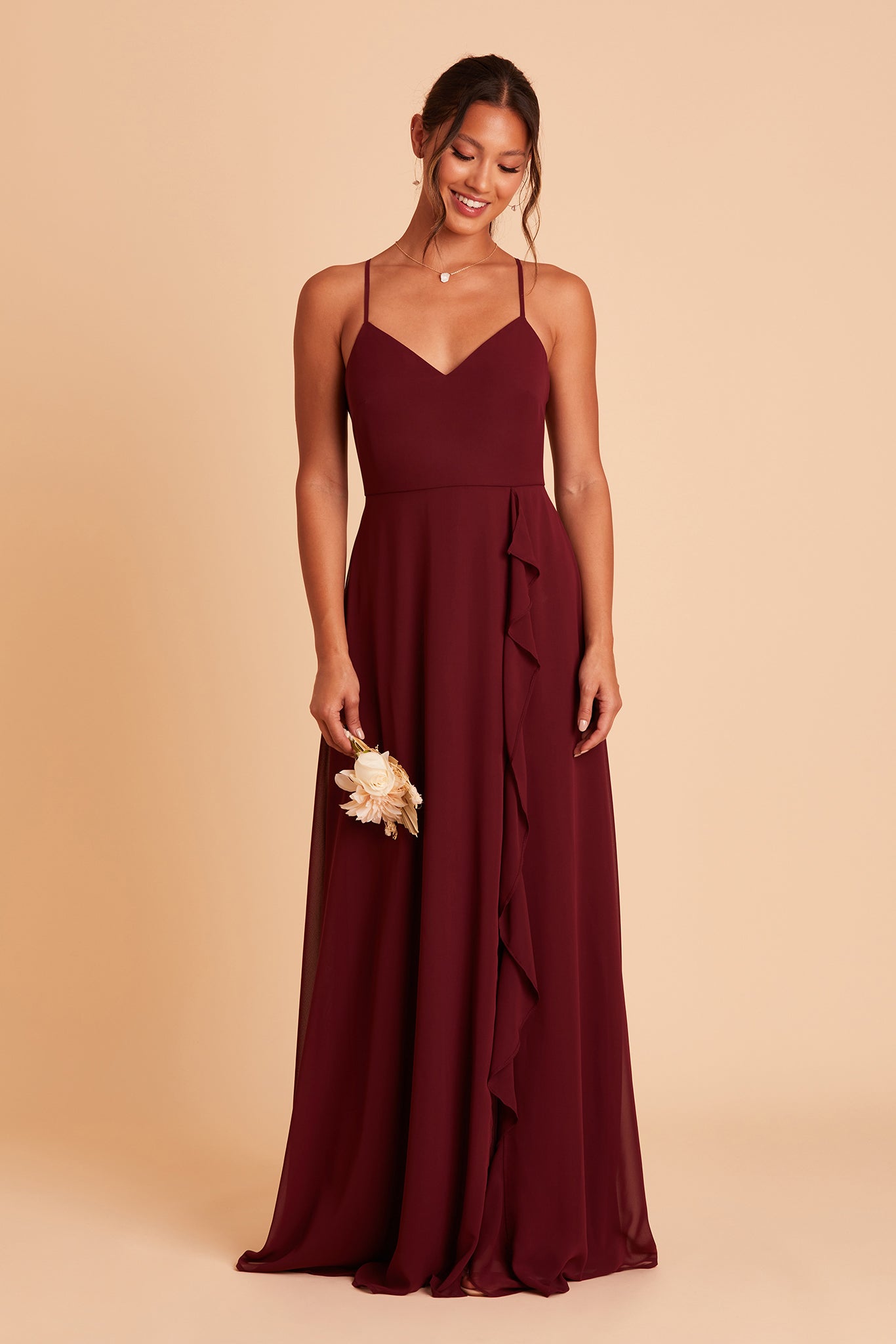 Theresa bridesmaid dress with slit in cabernet burgundy  chiffon  by Birdy Grey, front view