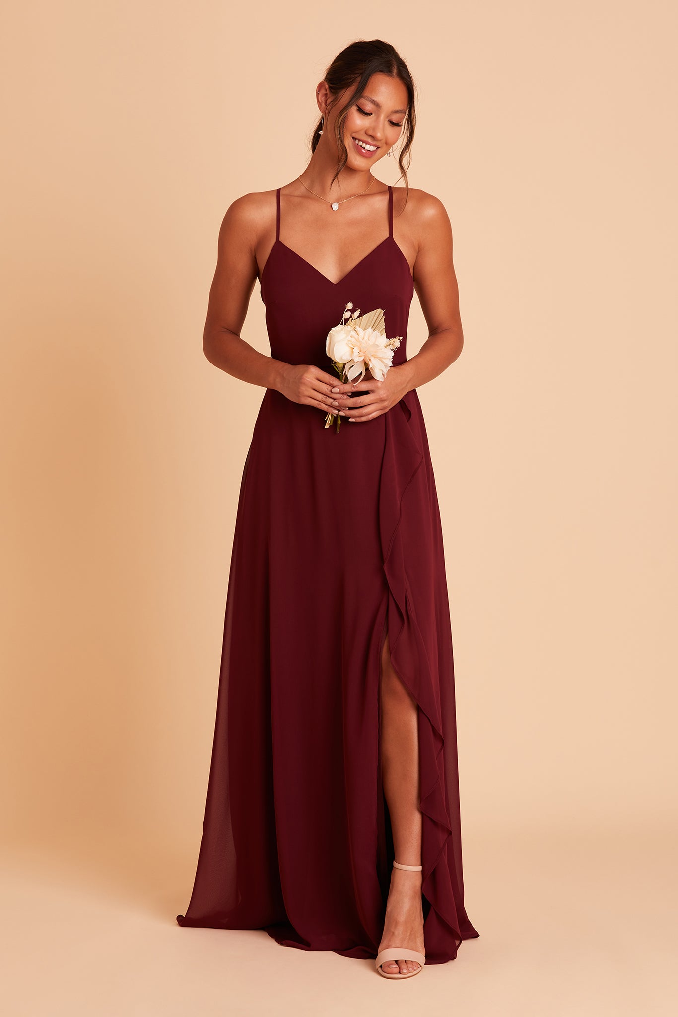 Theresa bridesmaid dress with slit in cabernet burgundy chiffon by Birdy Grey, front view