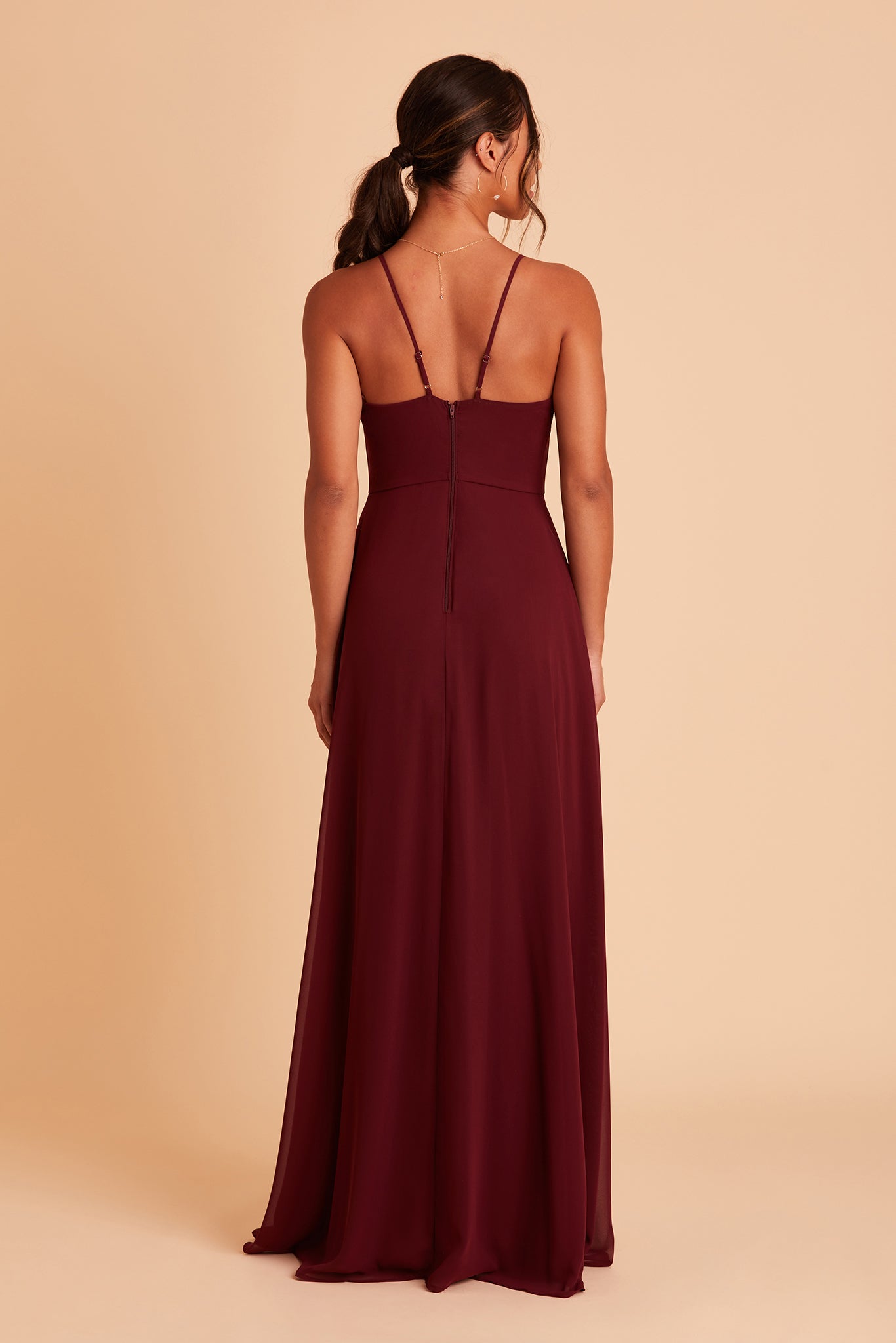 Theresa bridesmaid dress with slit in cabernet burgundy chiffon by Birdy Grey, back view