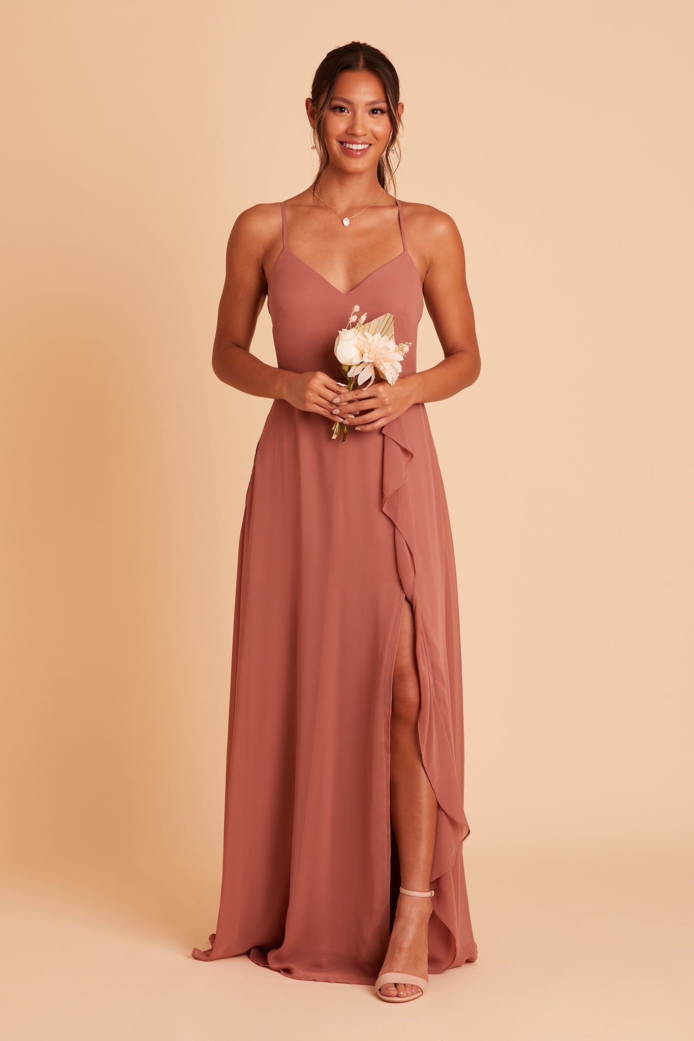 Theresa bridesmaid dress with slit in desert rose chiffon by Birdy Grey, front view