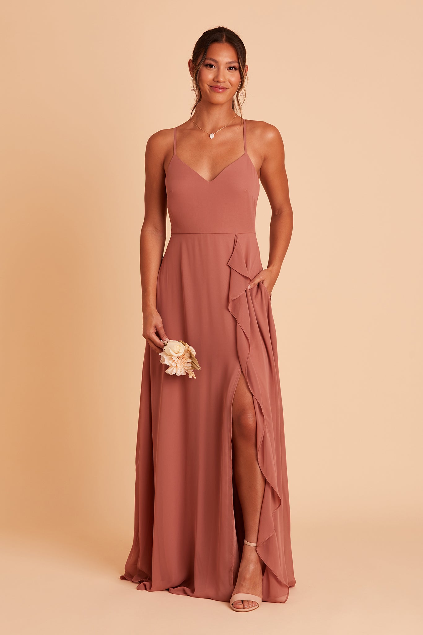 Theresa bridesmaid dress with slit in desert rose chiffon by Birdy Grey, front view