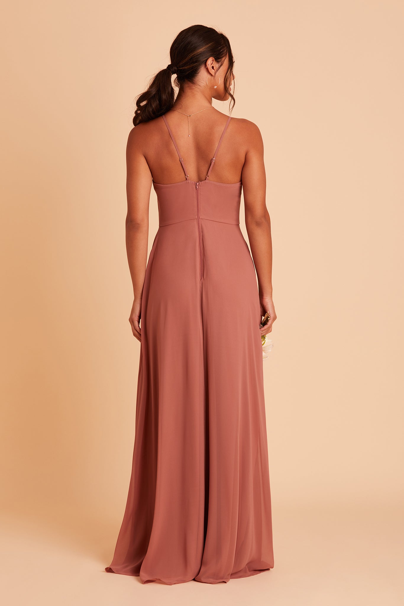 Theresa bridesmaid dress with slit in desert rose chiffon by Birdy Grey, back view