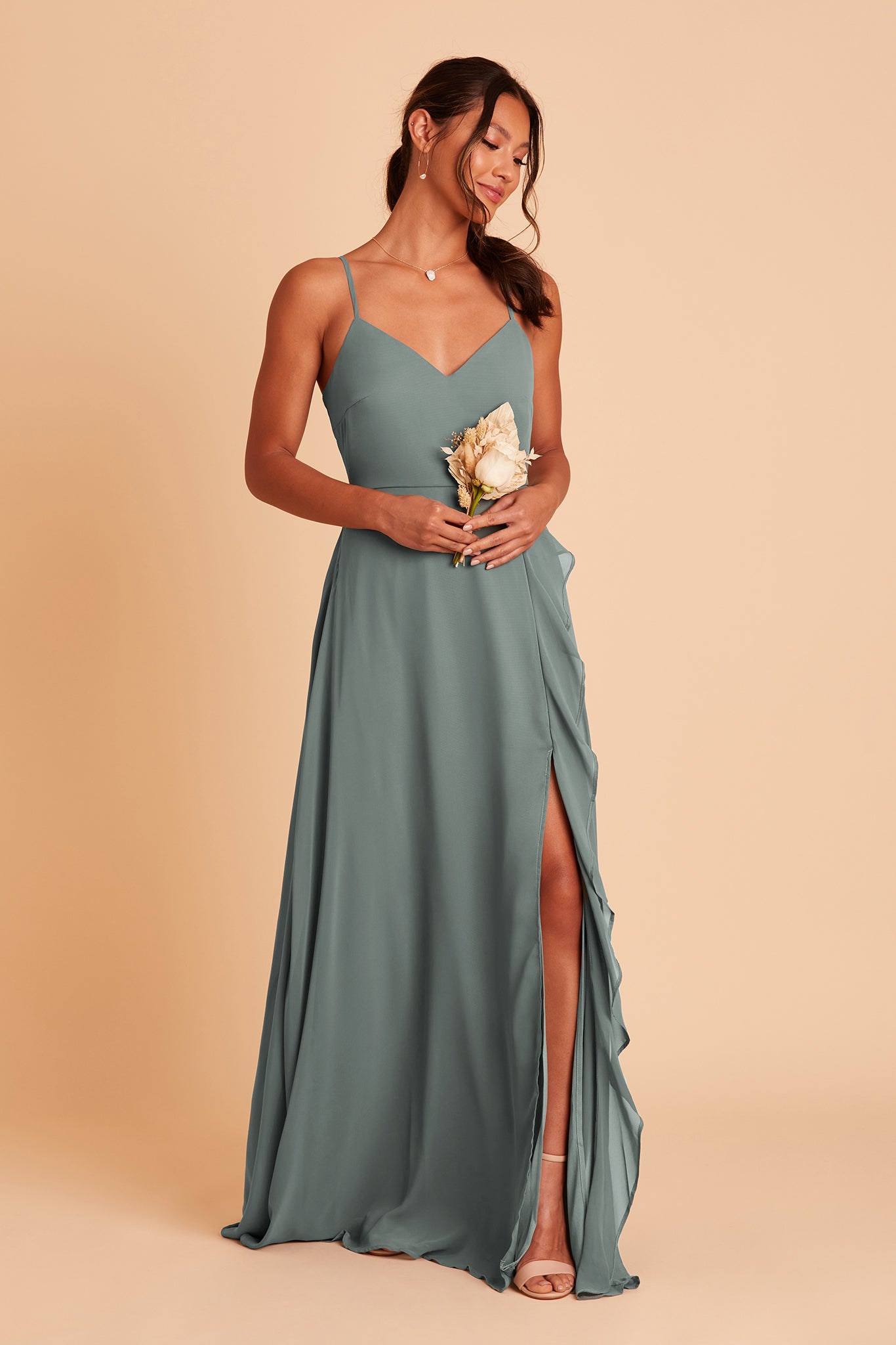 Theresa bridesmaid dress with slit in sea glass green chiffon by Birdy Grey, front view
