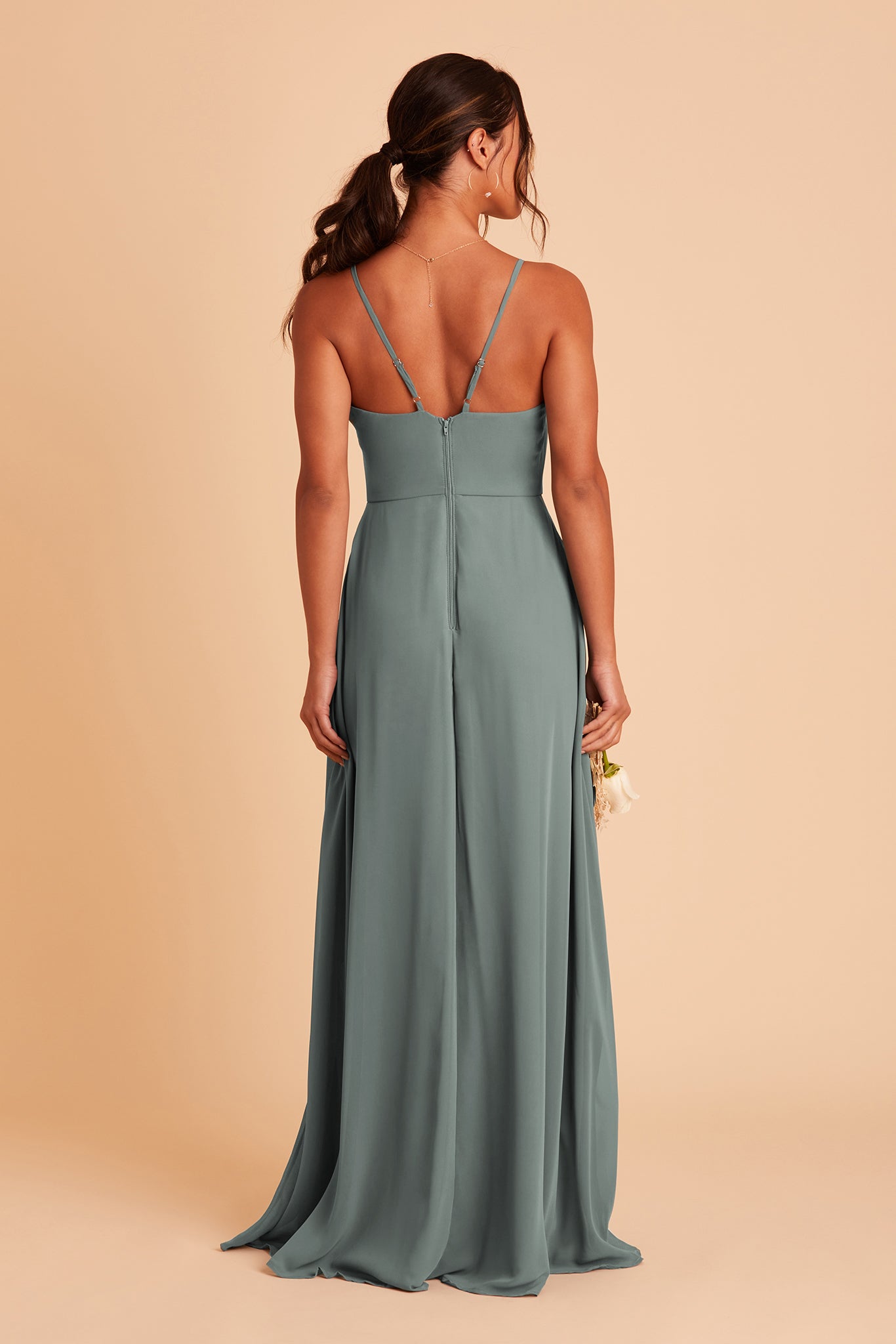 Theresa bridesmaid dress with slit in sea glass green chiffon by Birdy Grey, front view