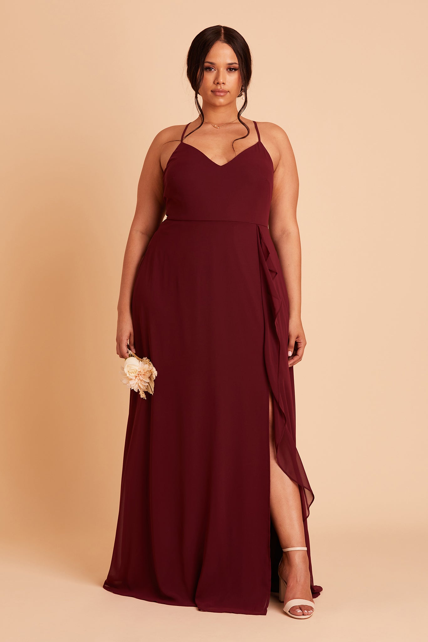 Theresa plus size bridesmaid dress with slit in cabernet burgundy chiffon by Birdy Grey, front view