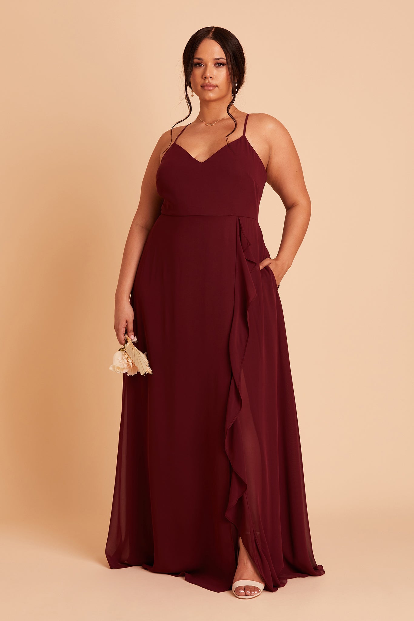 Theresa plus size bridesmaid dress with slit in cabernet burgundy chiffon by Birdy Grey, front view