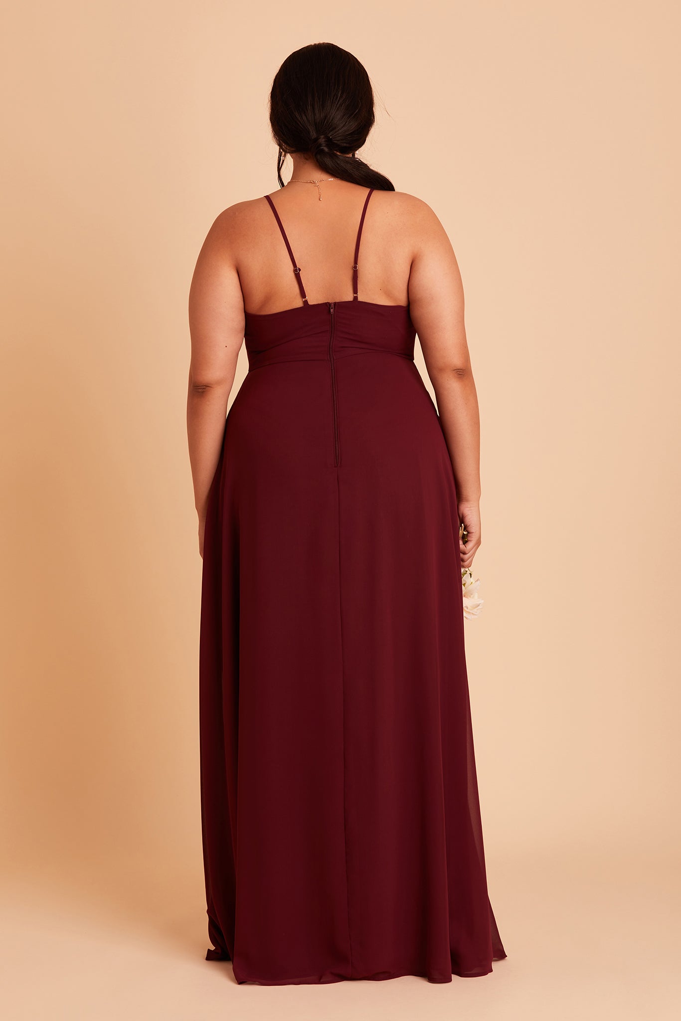 Theresa plus size bridesmaid dress with slit in cabernet burgundy chiffon by Birdy Grey, back view