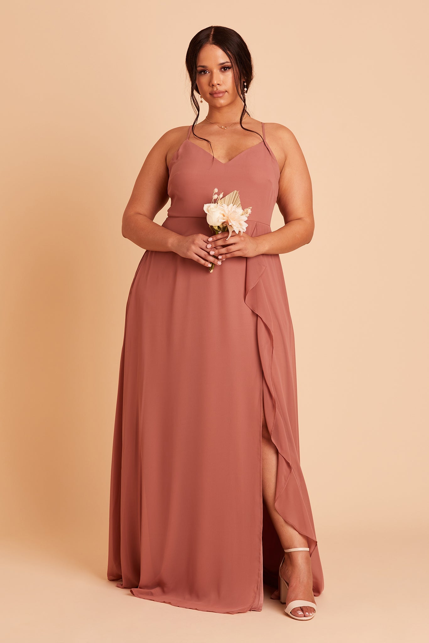 Theresa plus size bridesmaid dress with slit in desert rose chiffon by Birdy Grey, front view