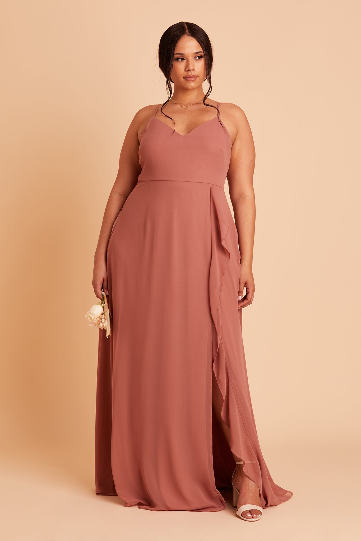 Theresa plus size bridesmaid dress with slit in desert rose chiffon by Birdy Grey, front view