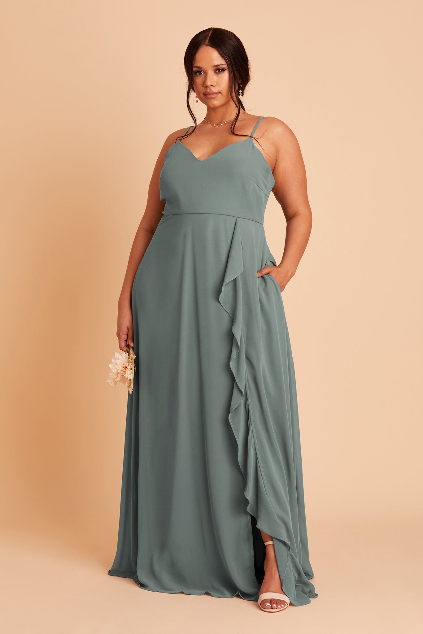 Theresa plus size bridesmaid dress with slit in sea glass chiffon by Birdy Grey, front view