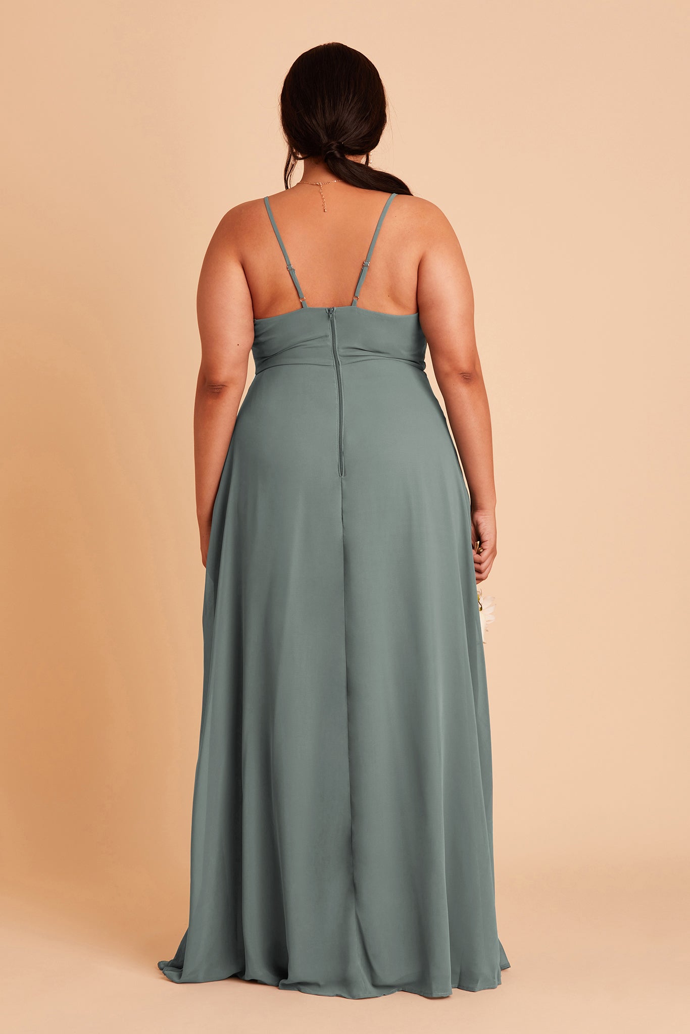Theresa plus size bridesmaid dress with slit in sea glass chiffon by Birdy Grey, back view