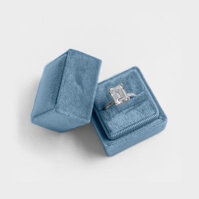 Dusty Blue Velvet Ring Box with personalization by Birdy Grey