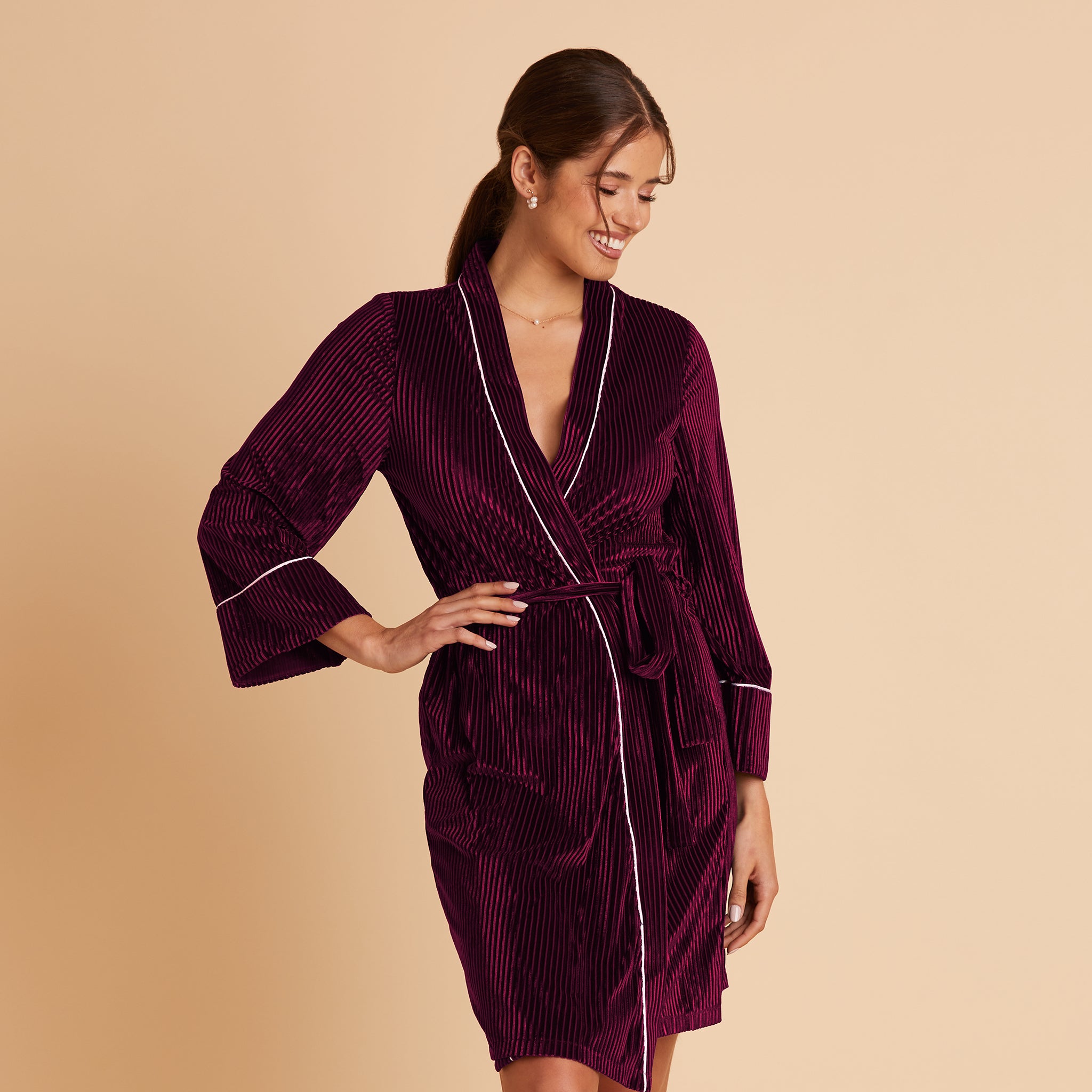 Velvet Ribbed Robe in Cabernet by Birdy Grey, front view