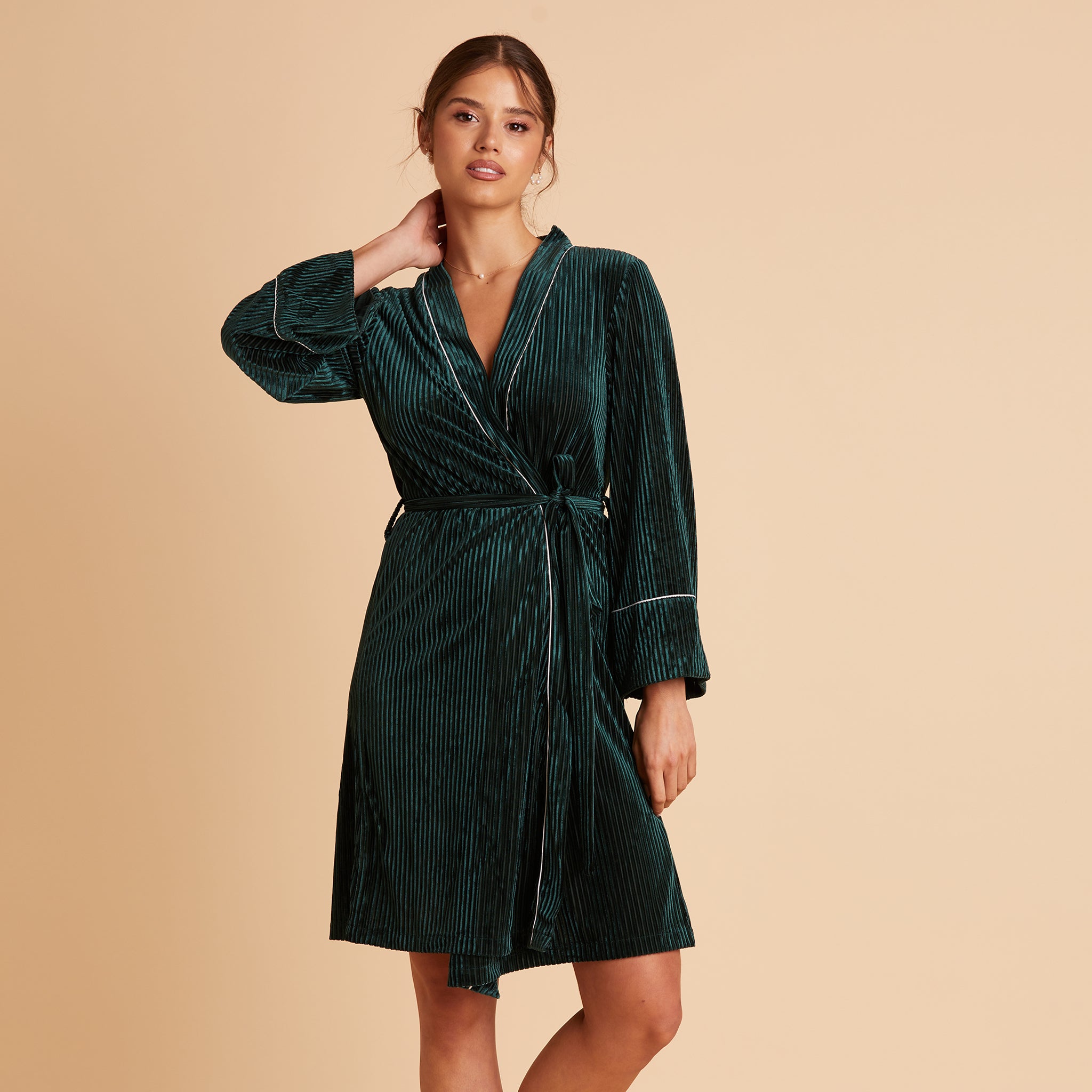 Velvet Ribbed Robe in Green by Birdy Grey, front view