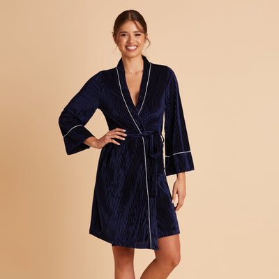 Velvet Ribbed Robe in Navy by Birdy Grey, front view