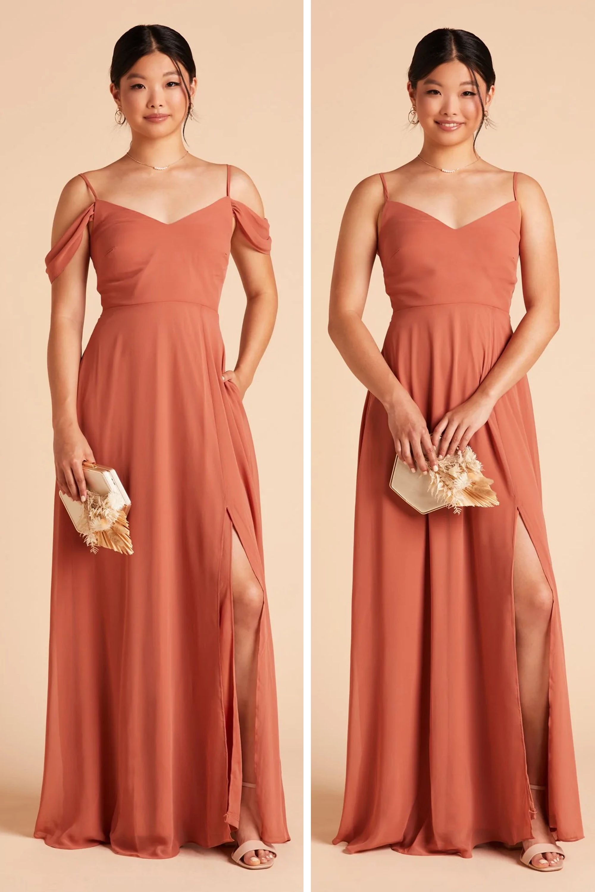 Side-by-side front views of two variations of the Devin Convertible Bridesmaid Dress in terracotta chiffon. On the left, the model wears the optional sleeves that drape over her upper arms. On the right, the model wears the dress without the draping sleeves, featuring simple spaghetti straps.