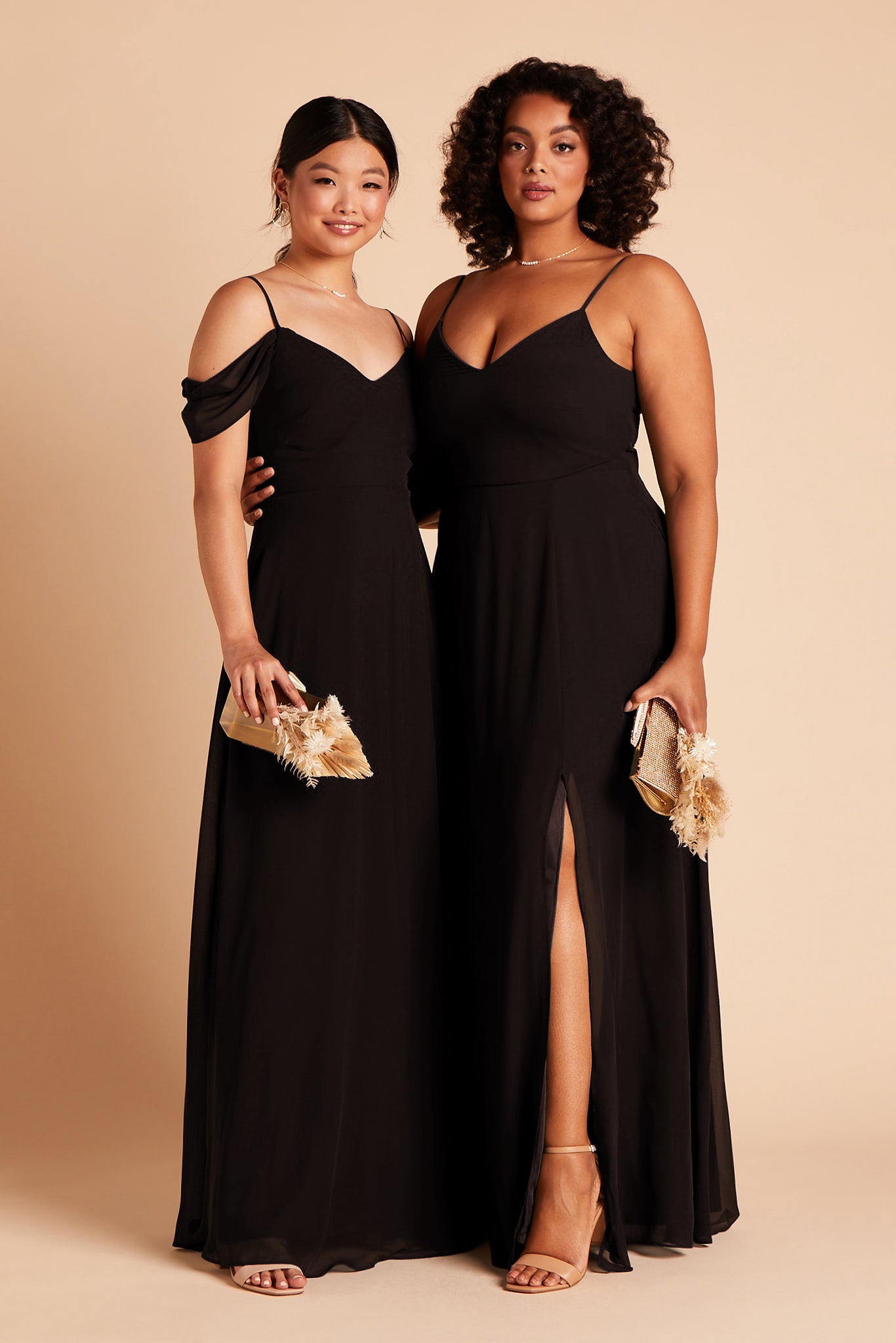 Long floor-sweeping black chiffon bridesmaid dress with a V-neckline with dress slit and without dress slit and sleeves and no sleeves