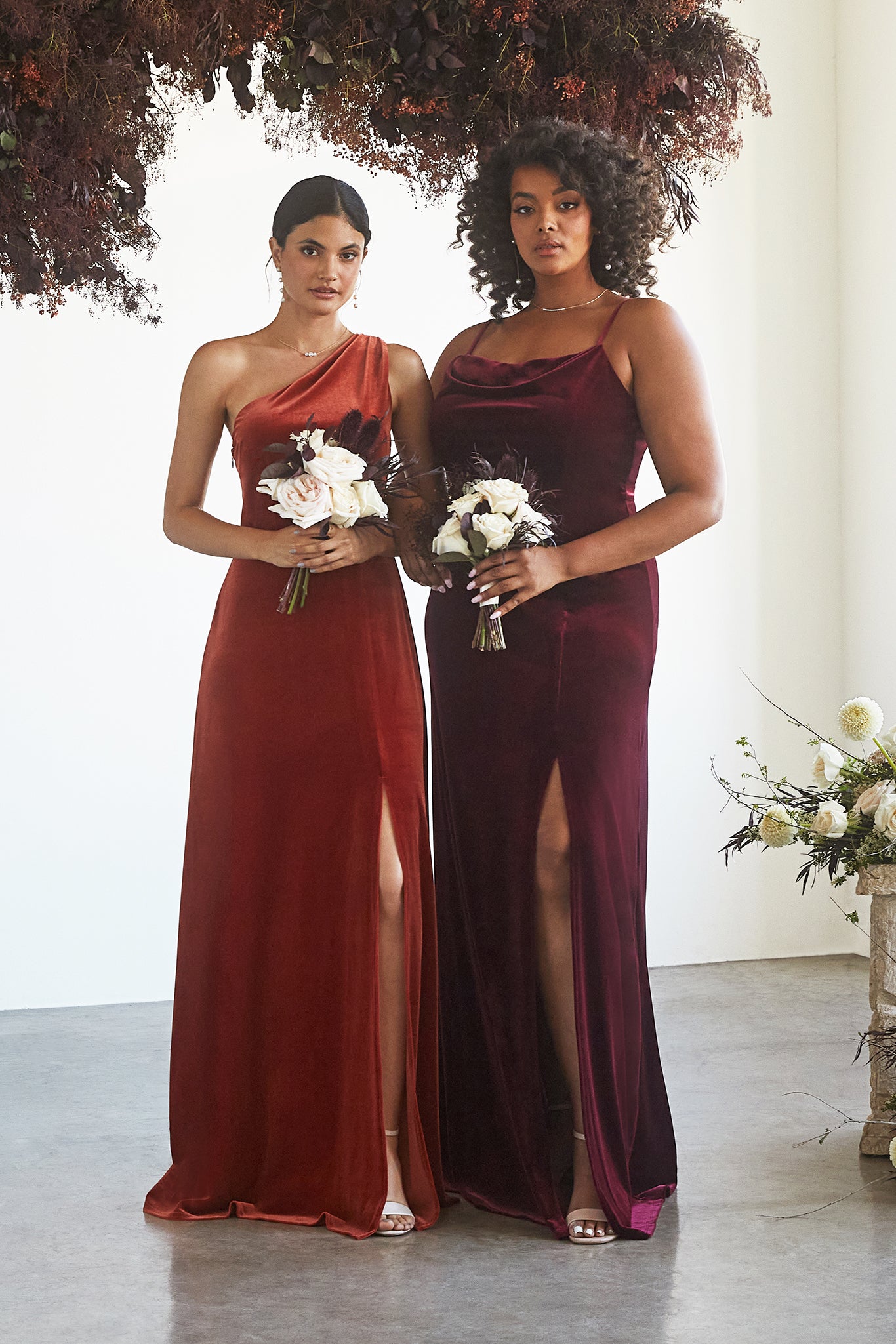 Kira bridesmaid dress with slit in burnt orange velvet by Birdy Grey, front view