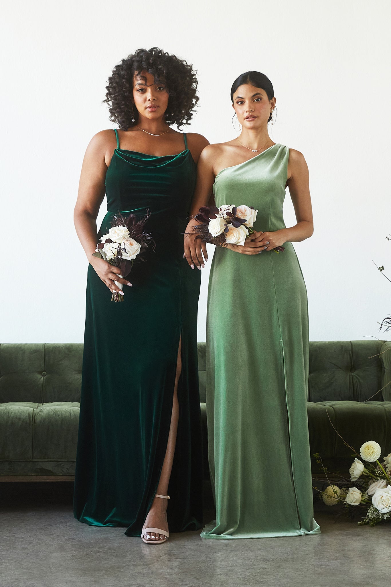 Ash plus size bridesmaid dress with slit in Emerald velvet by Birdy Grey