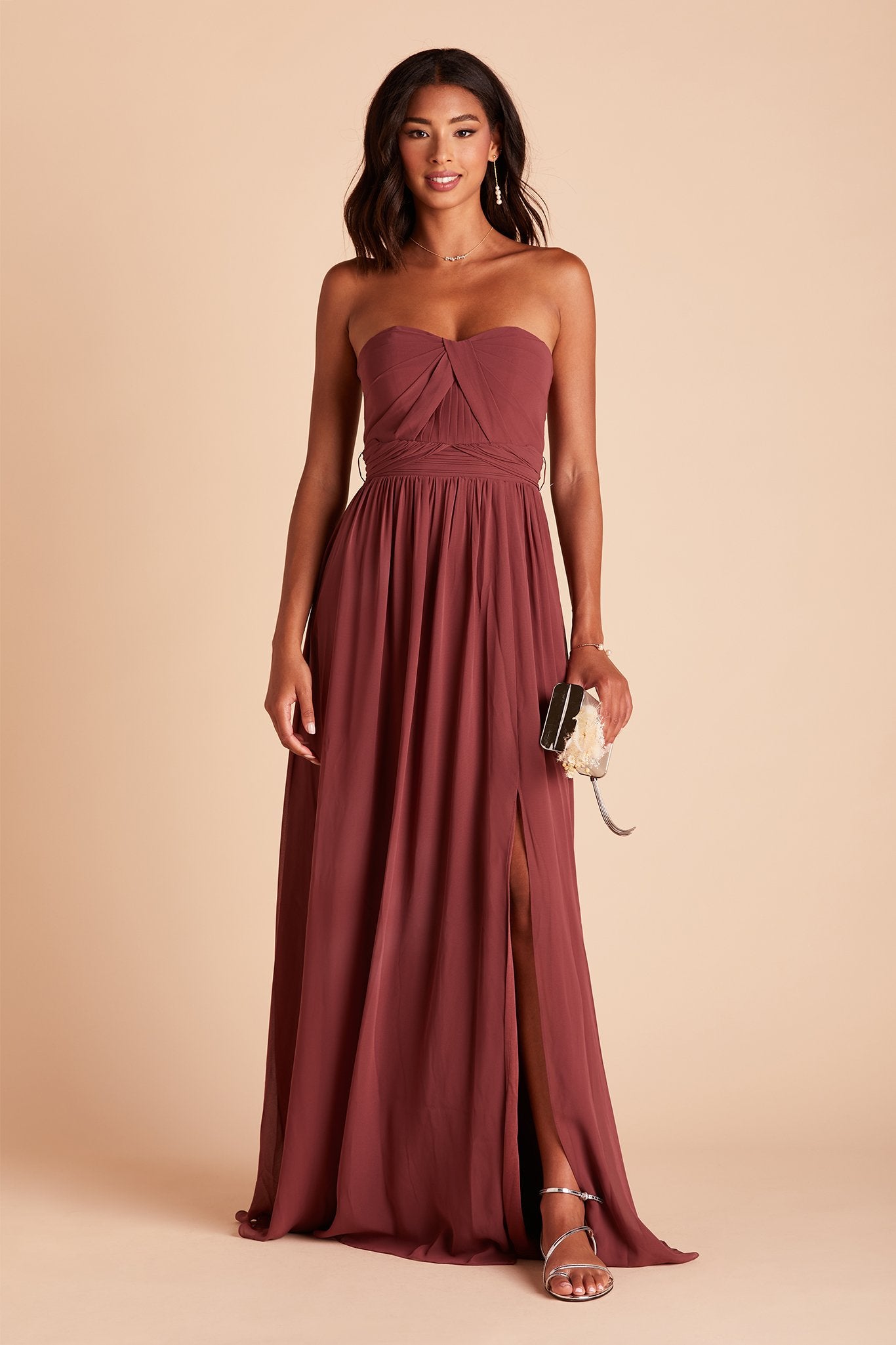 Grace convertible bridesmaid dress with slit in rosewood chiffon by Birdy Grey, front view