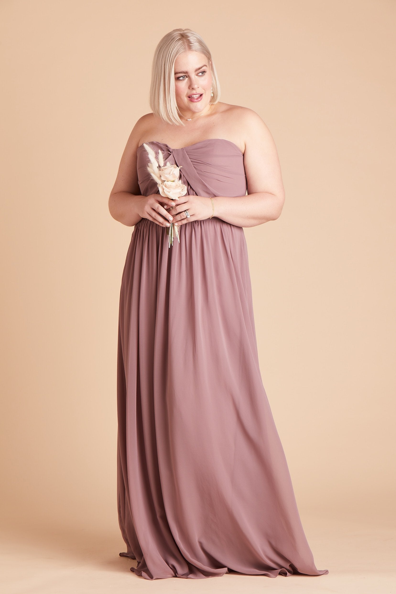 Grace convertible plus size bridesmaid dress in dark mauve chiffon by Birdy Grey, front view