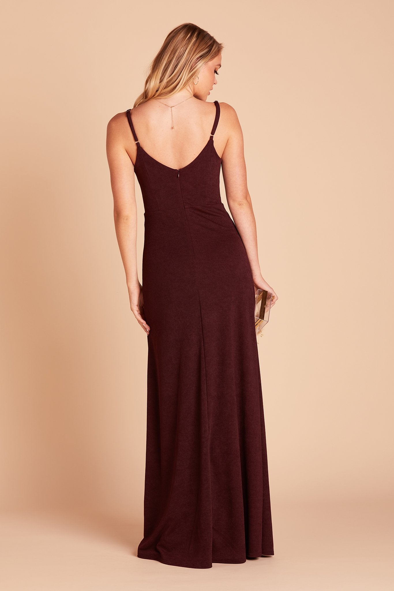 Jay bridesmaid dress with slit in cabernet burgundy by Birdy Grey, back view