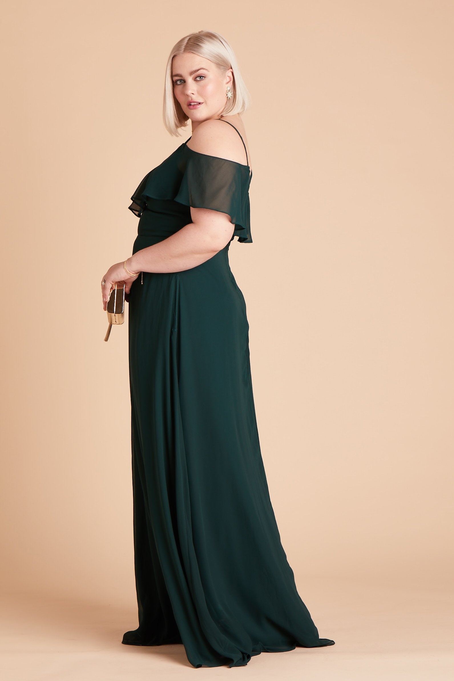 Jane convertible plus size bridesmaid dress in emerald green chiffon by Birdy Grey, side view