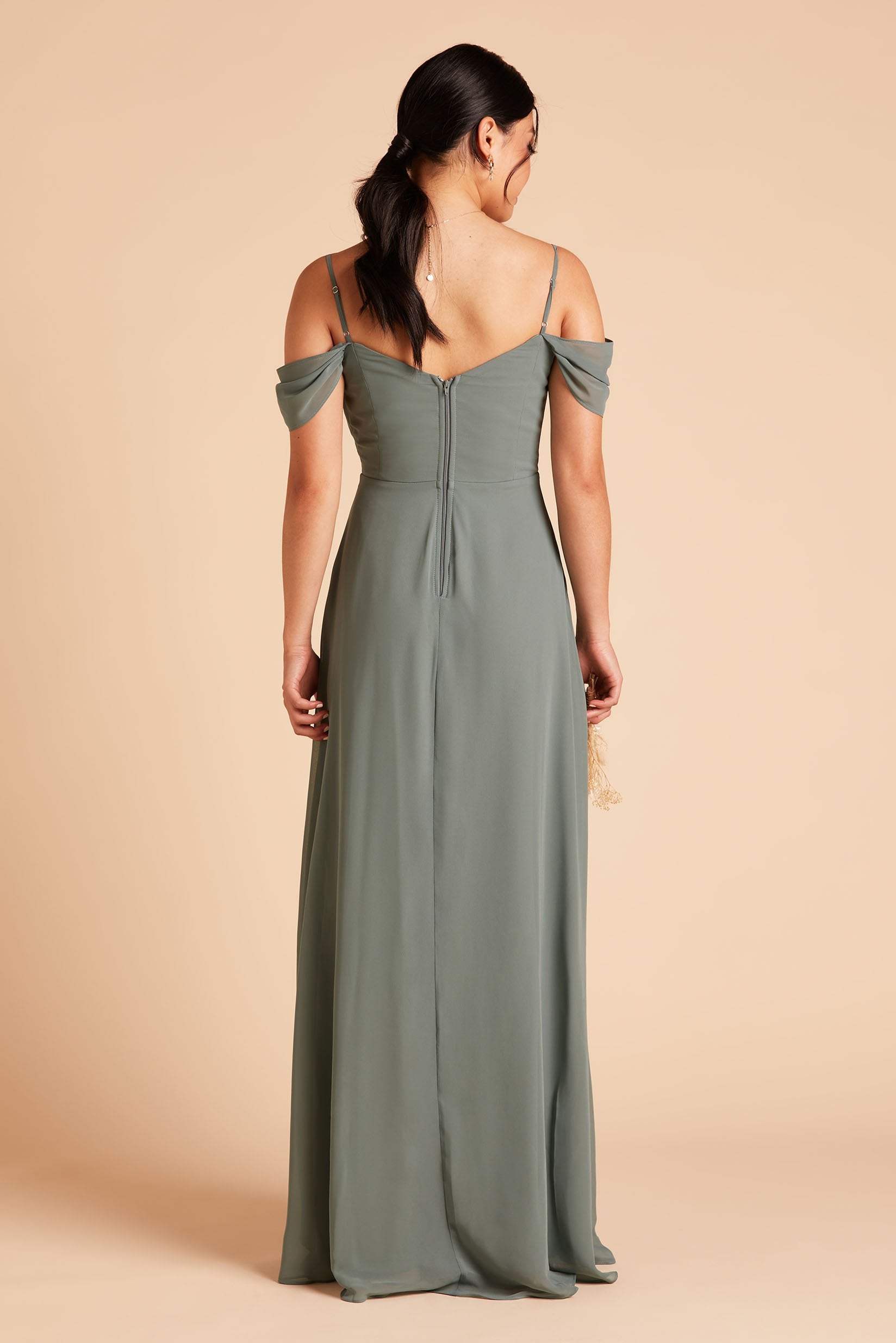 Spence convertible bridesmaid dress in sea glass green chiffon by Birdy Grey, back view