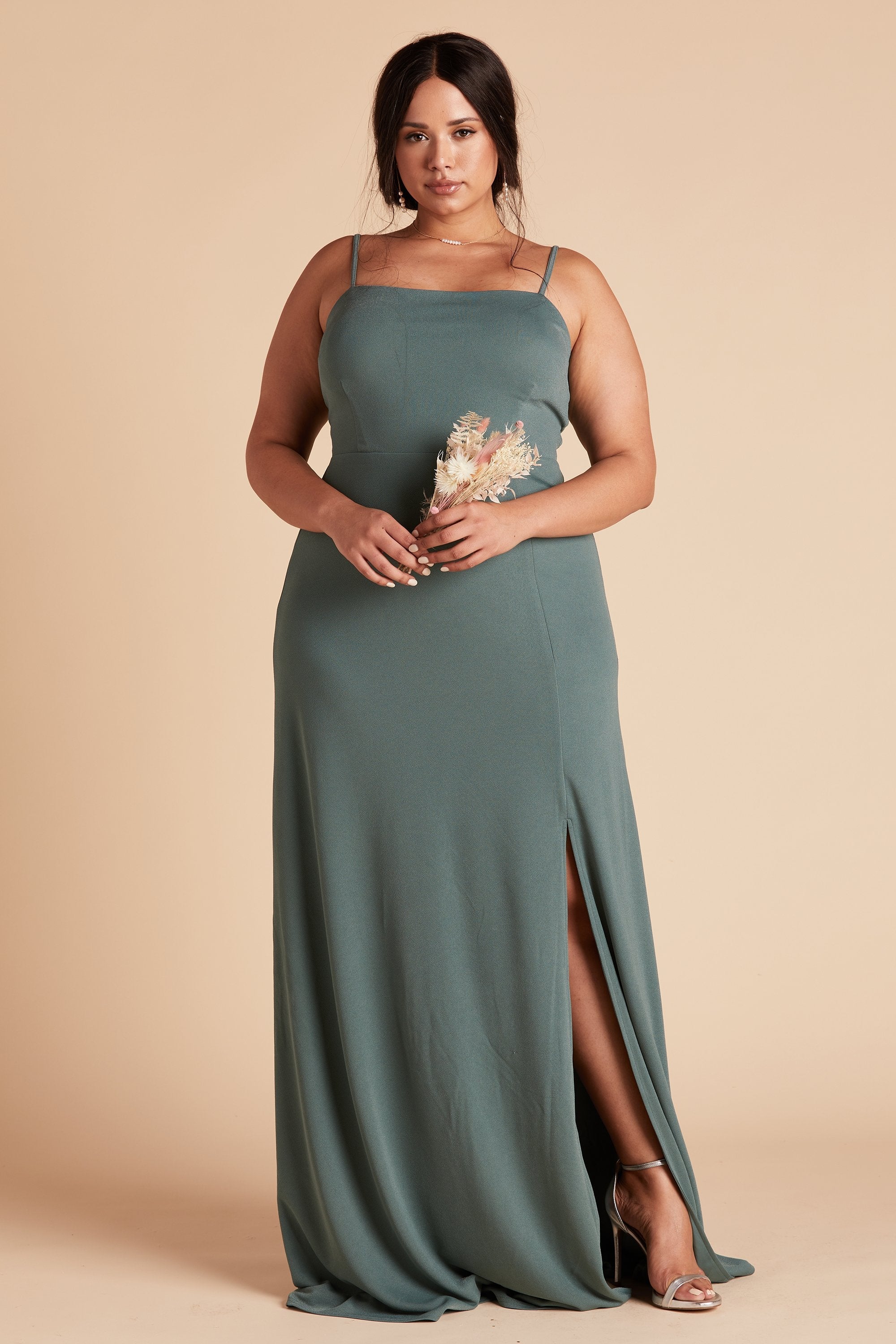 Benny plus size bridesmaid dress with slit in sea glass green chiffon by Birdy Grey, front view