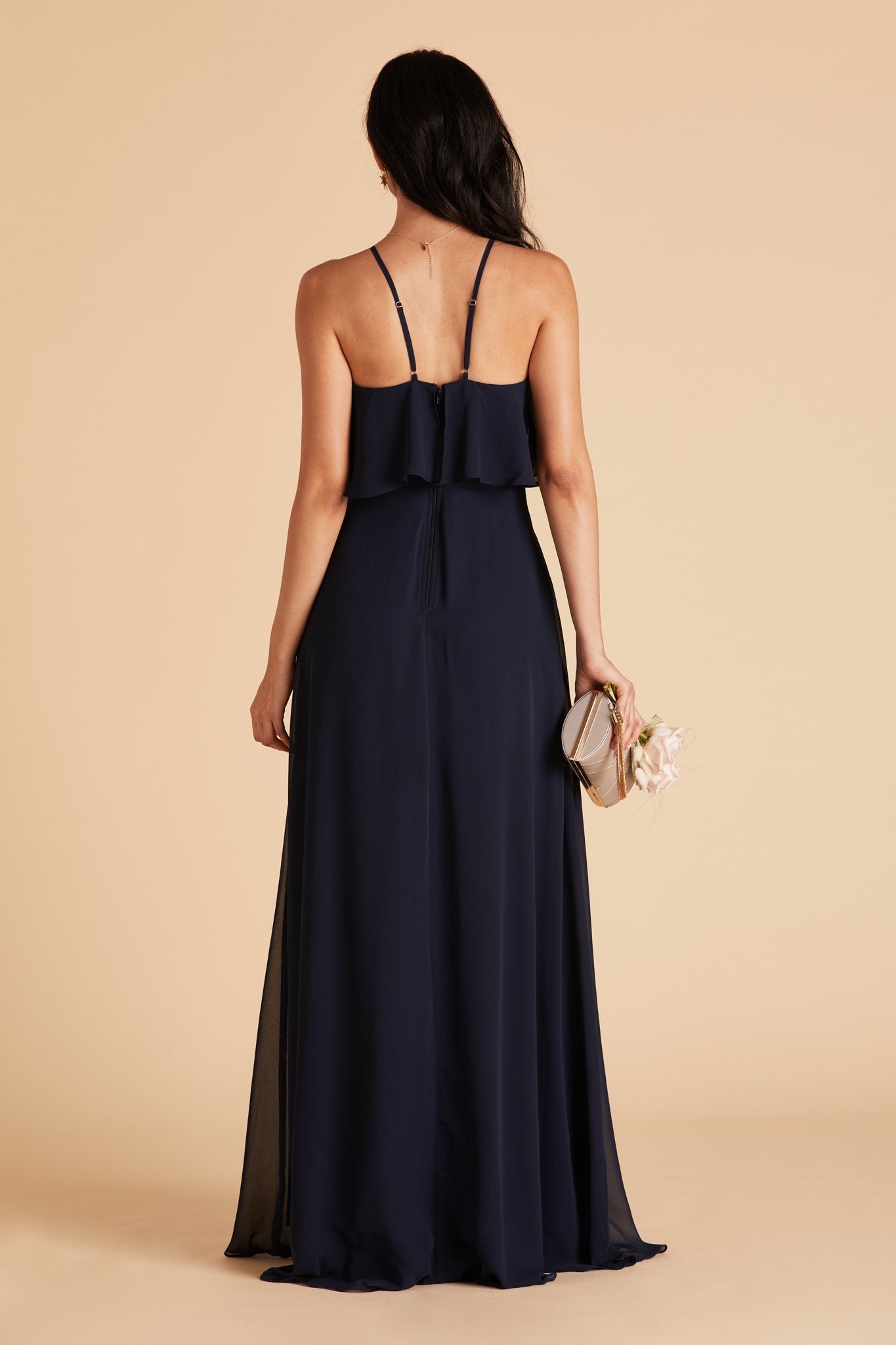 Jules bridesmaid dress in navy blue chiffon by Birdy Grey, back view