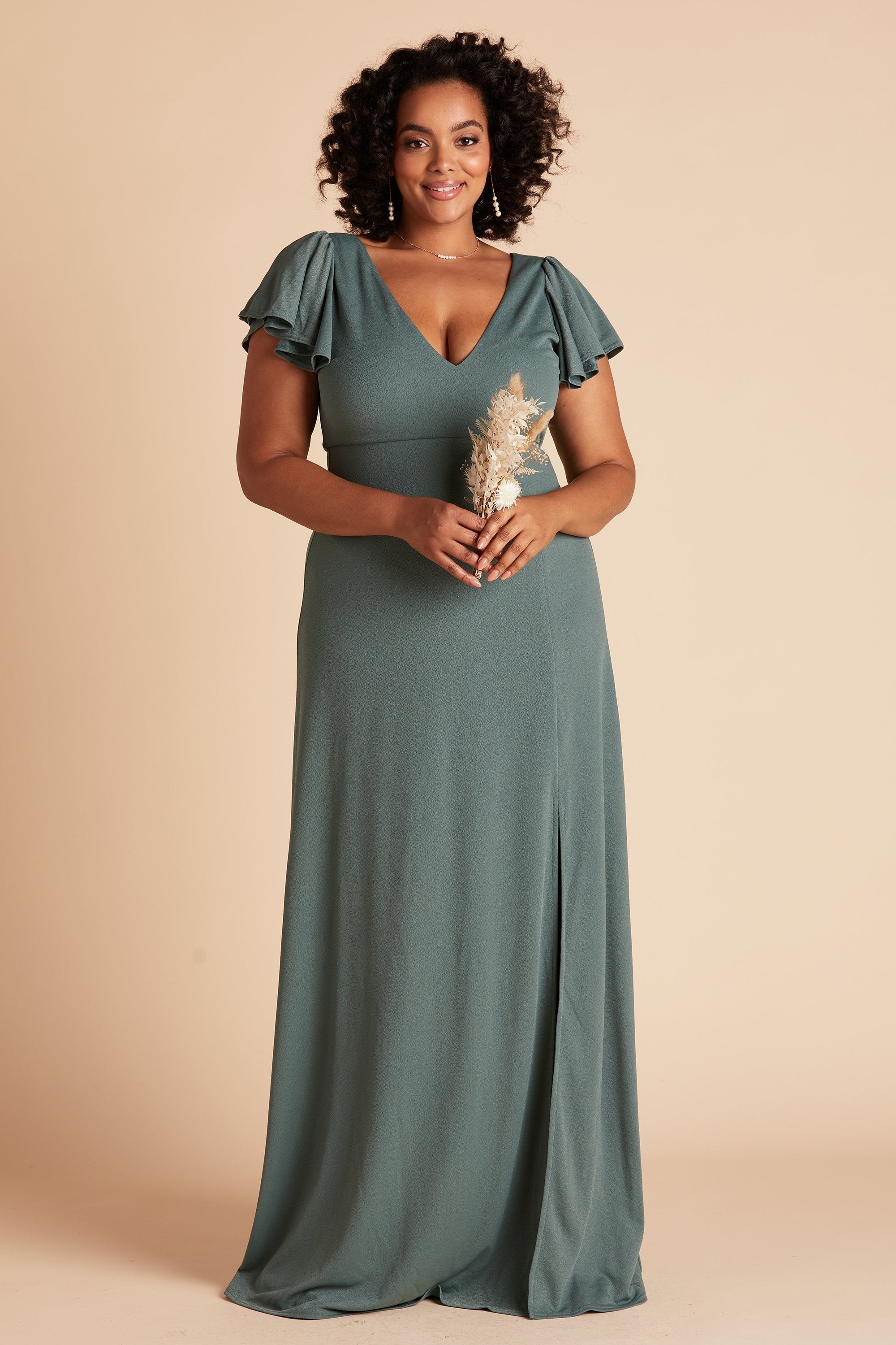 Hannah bridesmaid dress with slit in sea glass green crepe by Birdy Grey, front view