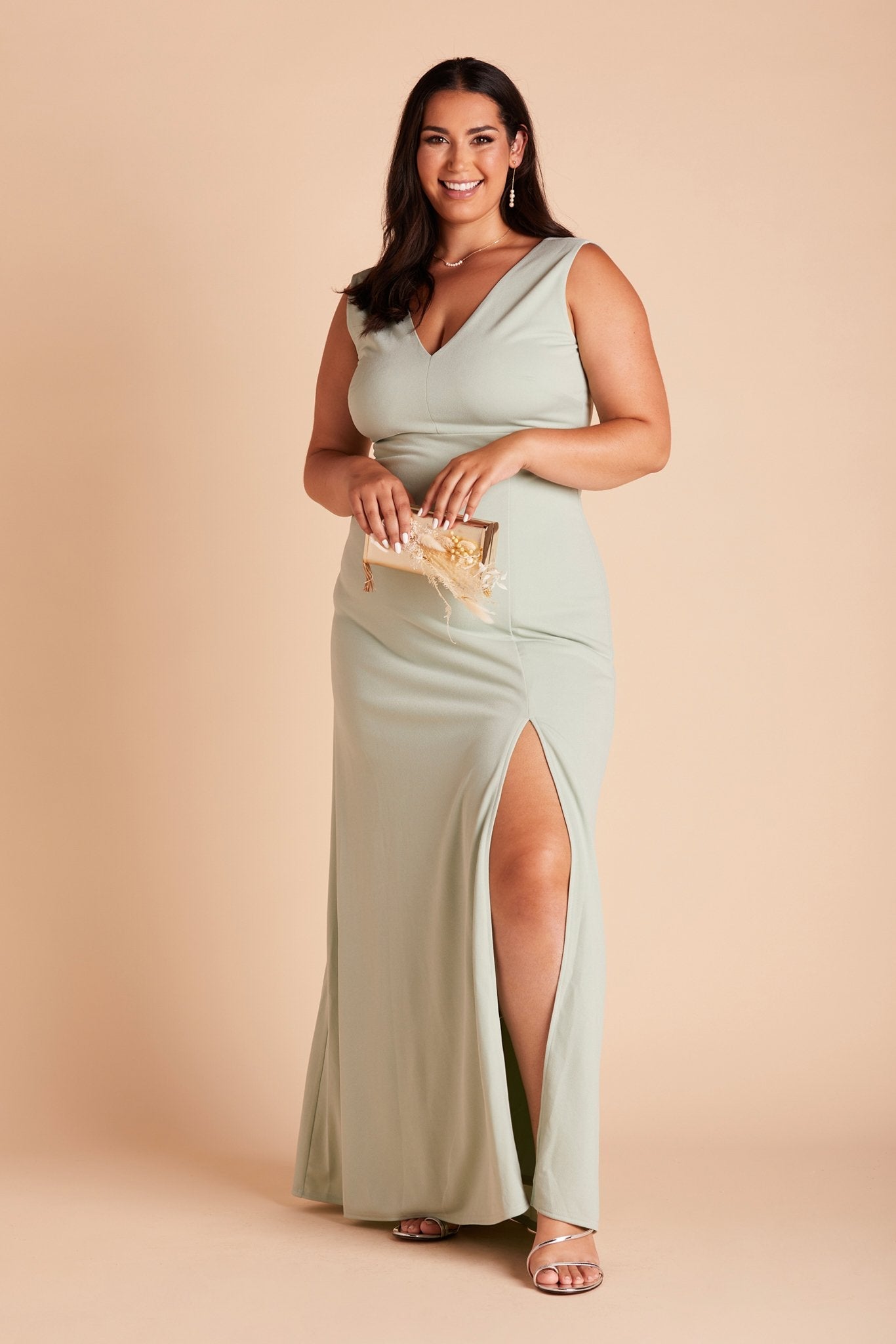 Shamin plus size bridesmaid dress with slit in sage green crepe by Birdy Grey, front view