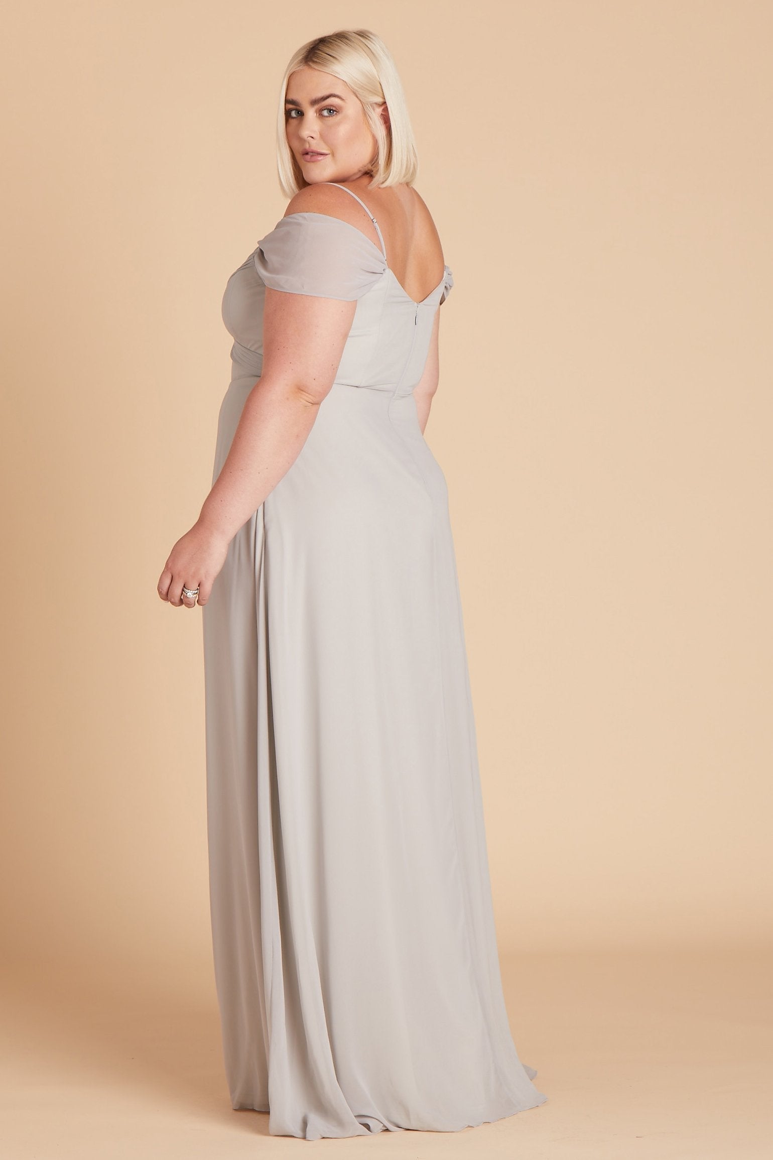 Spence convertible plus size bridesmaid dress in silver chiffon by Birdy Grey, side view