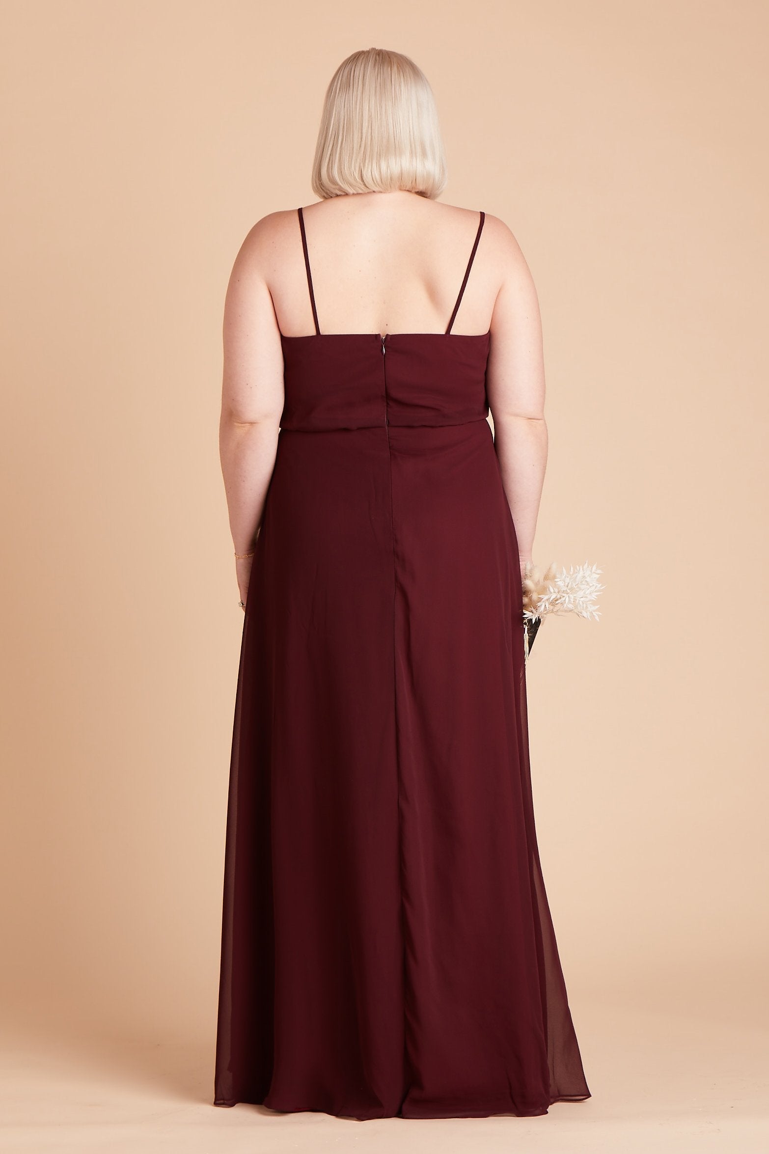 Gwennie plus size bridesmaid dress in cabernet burgundy chiffon by Birdy Grey, back view