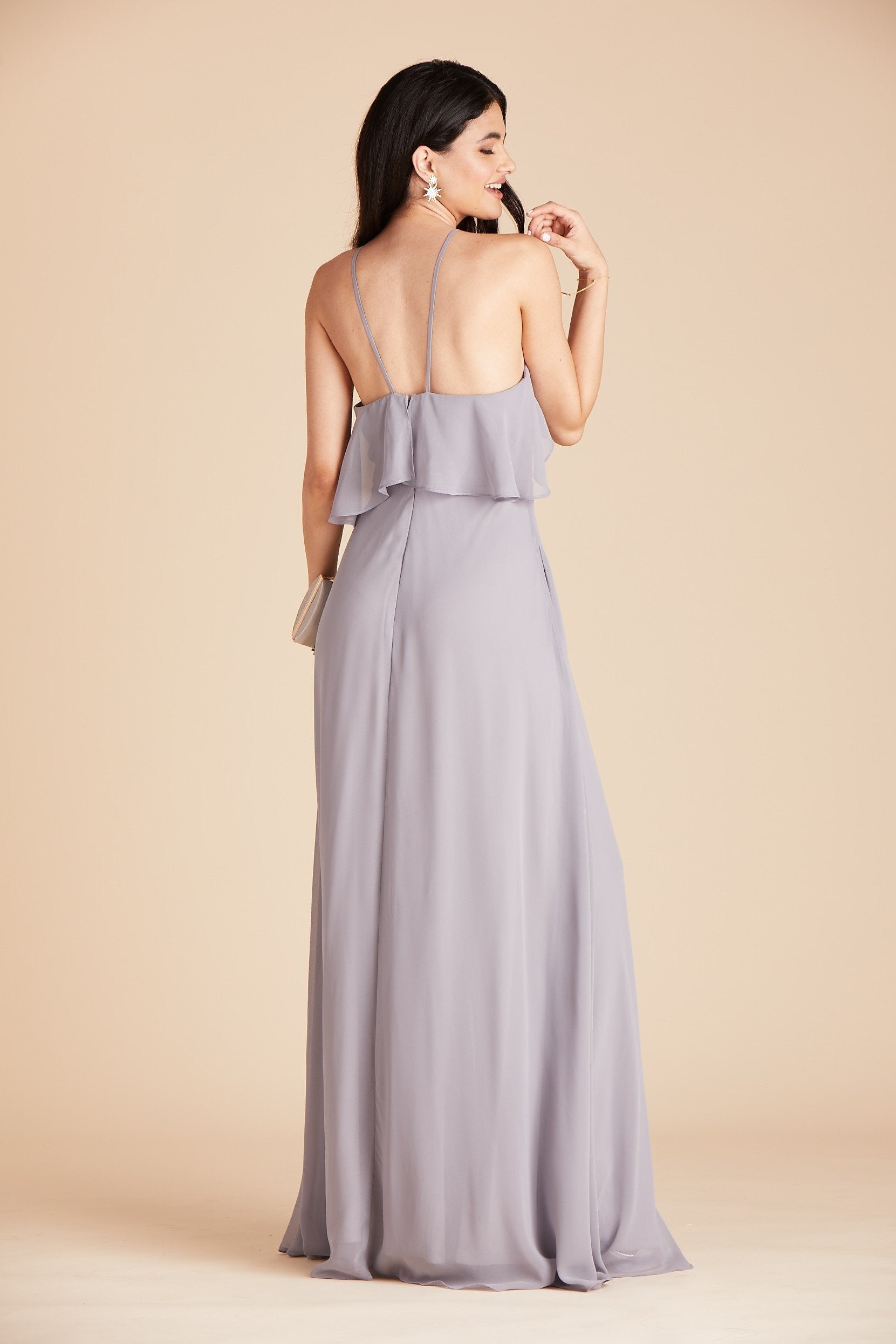 Jules bridesmaid dress in silver chiffon by Birdy Grey, back view