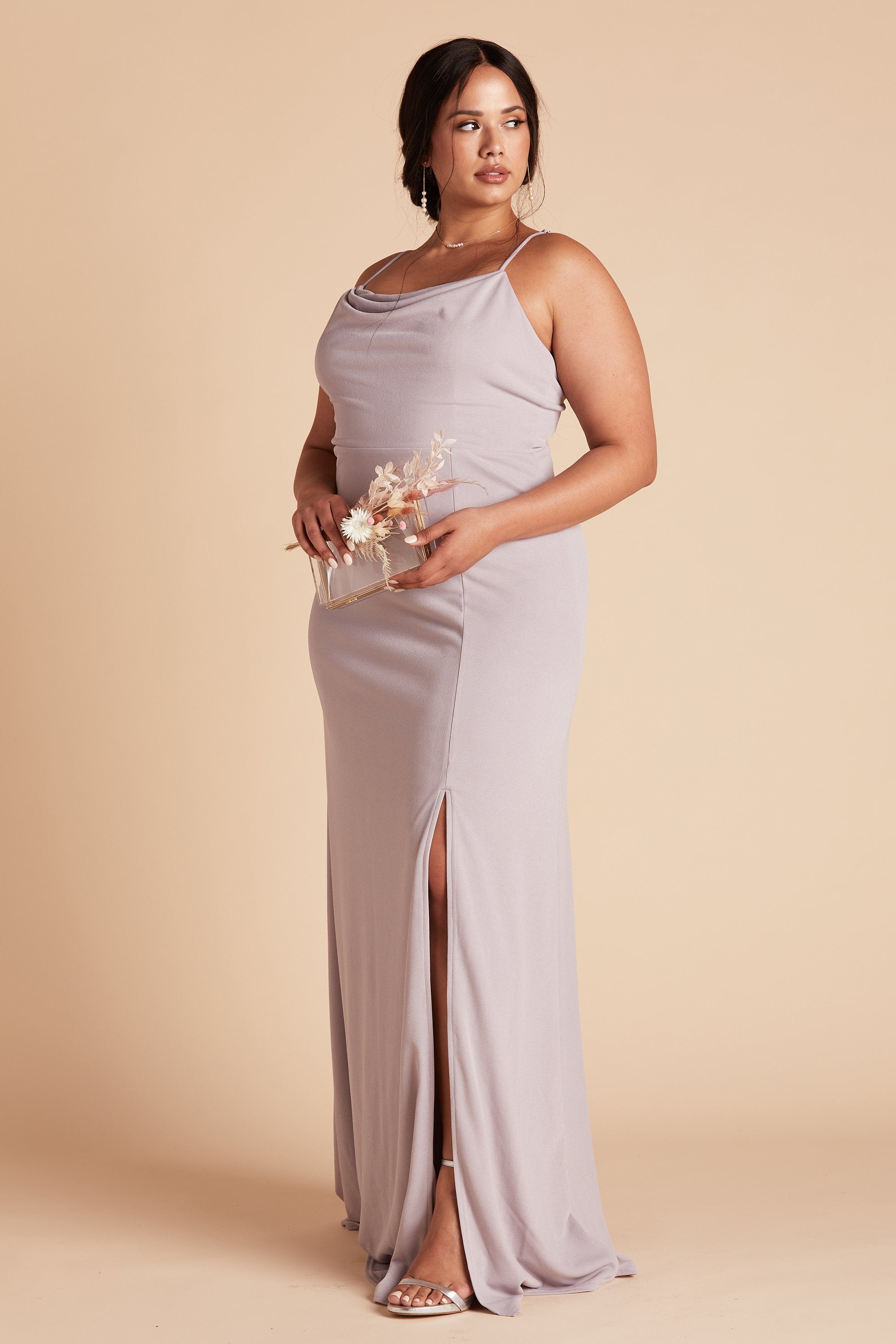 Ash plus size bridesmaid dress with slit in lilac purple crepe by Birdy Grey, side view
