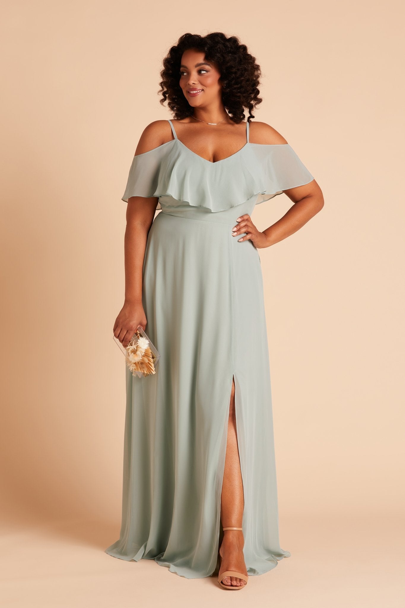 Jane convertible plus size bridesmaid dress with slit in sage green chiffon by Birdy Grey, front view